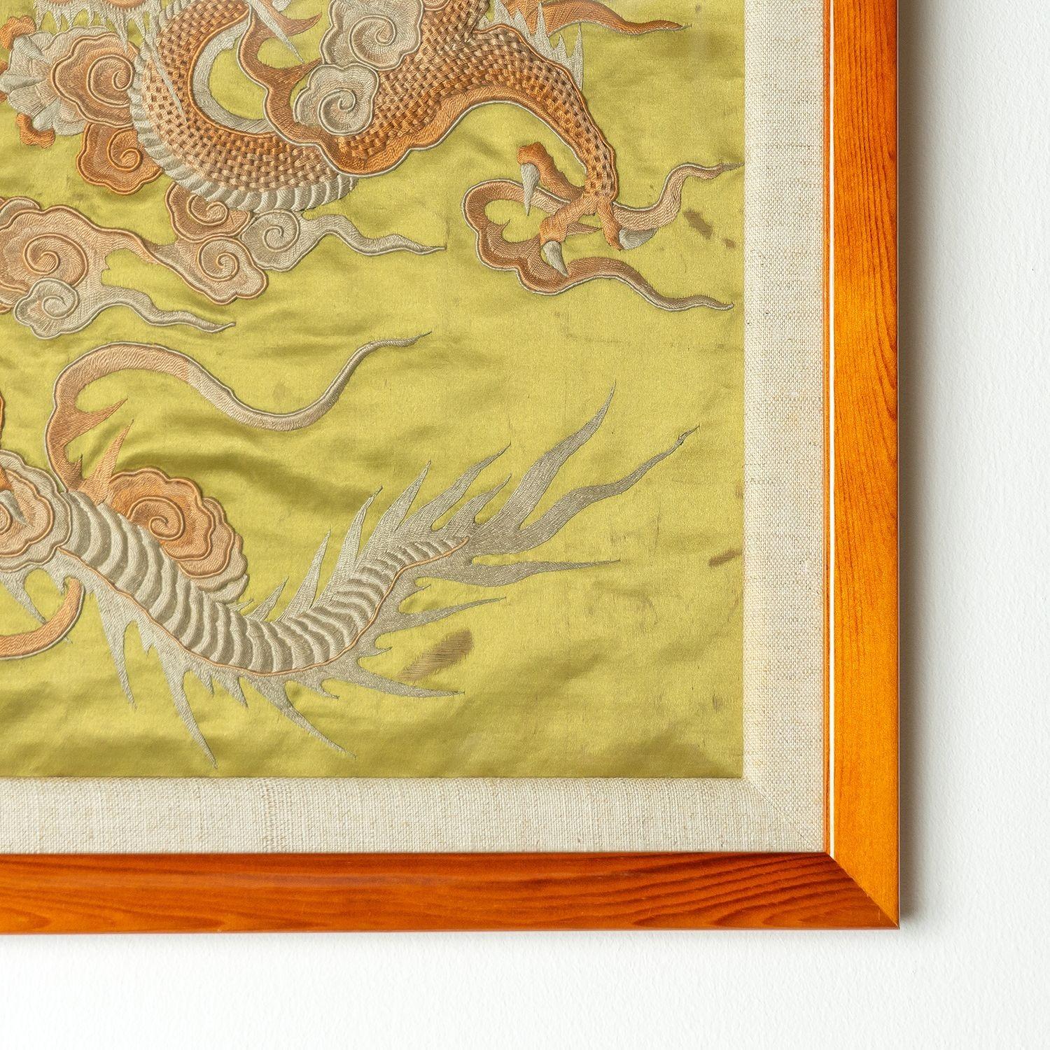 Antique Chinese Gold Silk Dragon Embroidery Panel, 19th Century 2