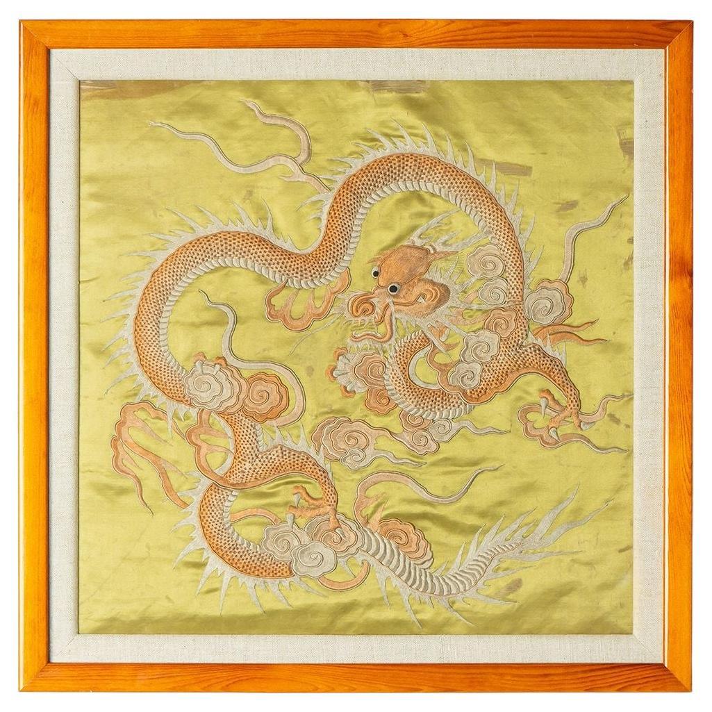 Antique Chinese Gold Silk Dragon Embroidery Panel, 19th Century