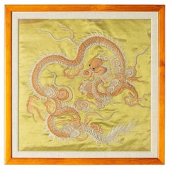 Antique Chinese Gold Silk Dragon Embroidery Panel, 19th Century