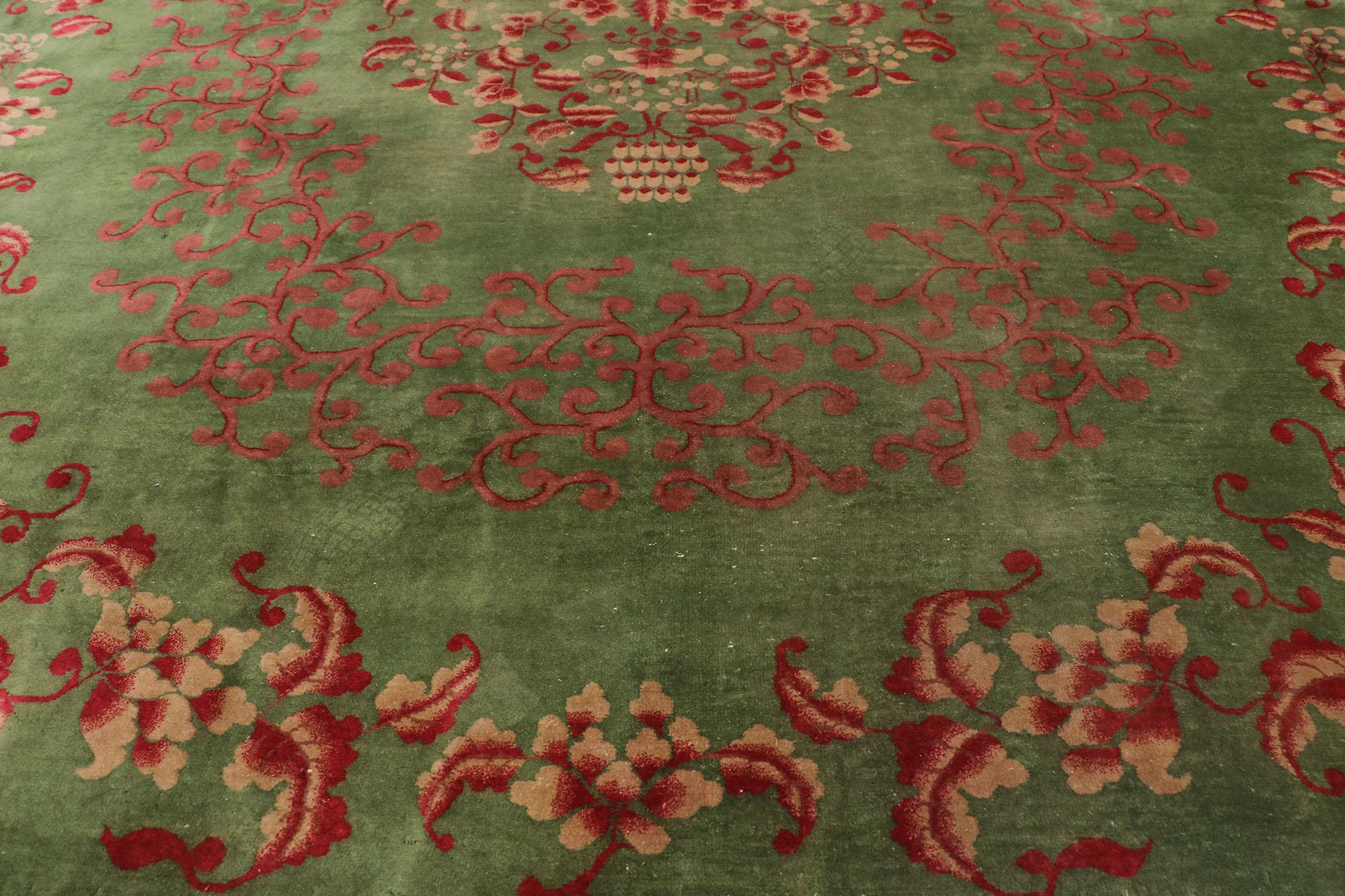 Antique Chinese Green Art Deco Rug with Qing Dynasty Style In Good Condition For Sale In Dallas, TX