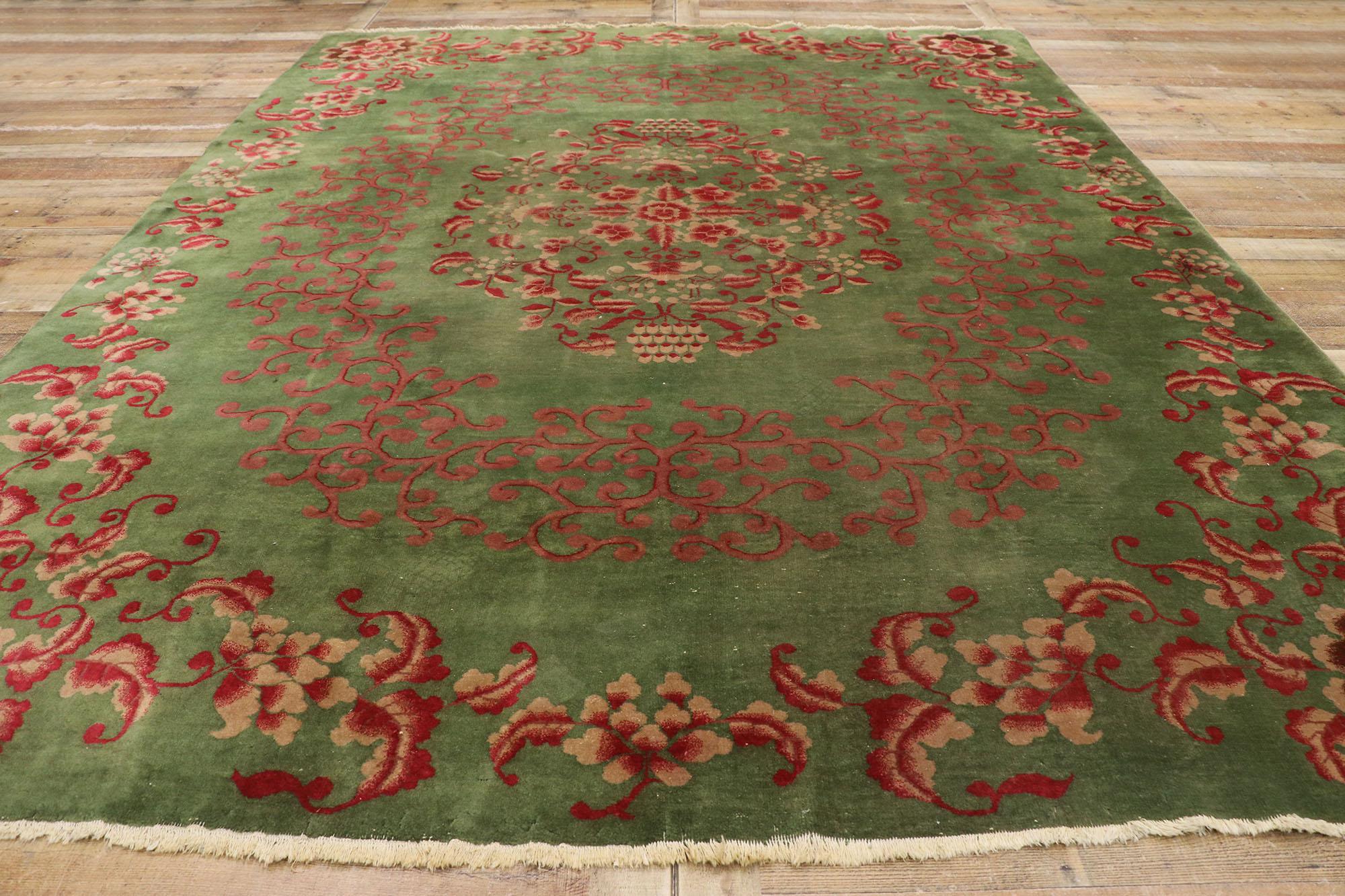 Antique Chinese Green Art Deco Rug with Qing Dynasty Style For Sale 1