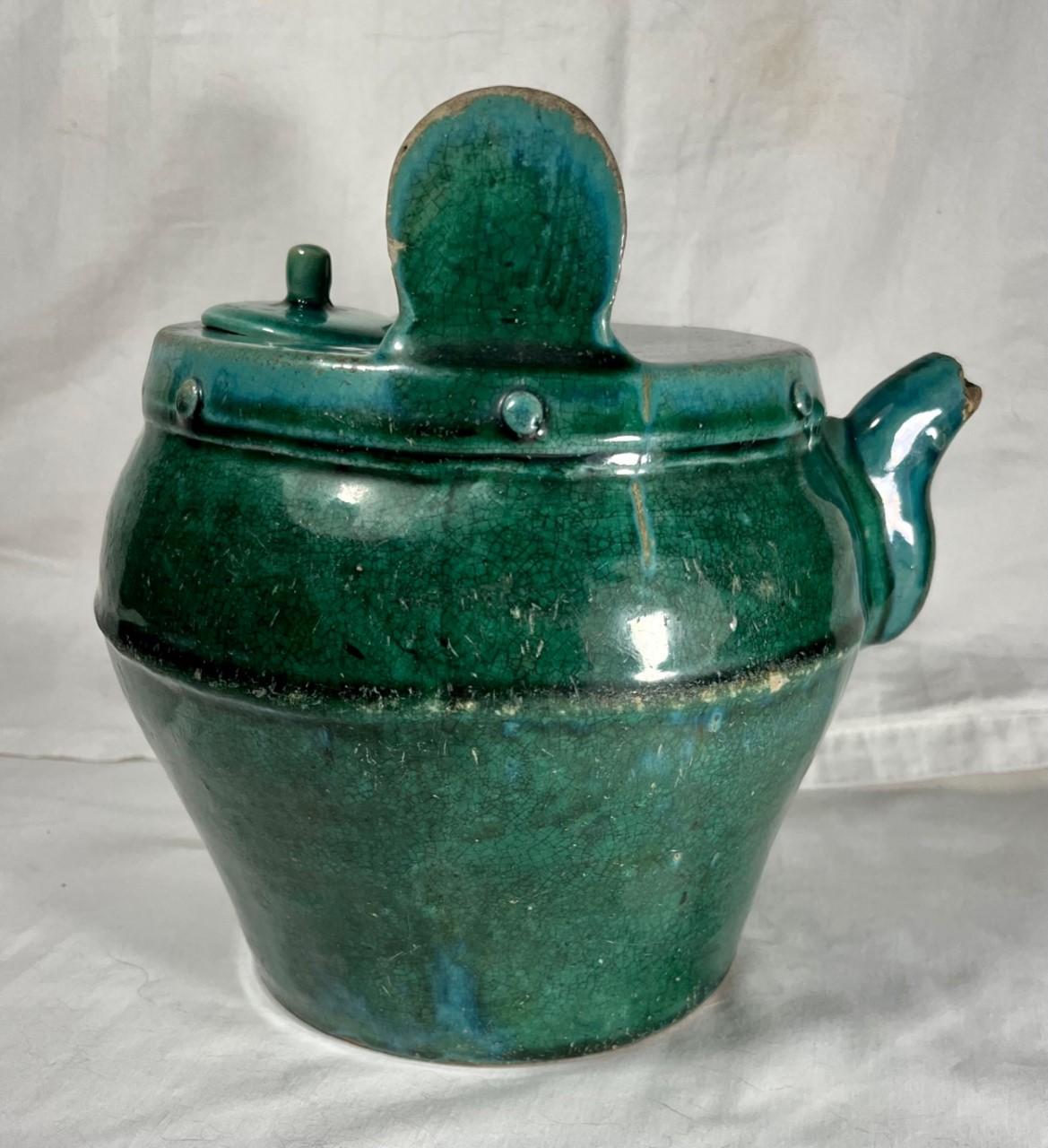 Antique Chinese Green Blue Shiwan Pottery Teapot For Sale 2