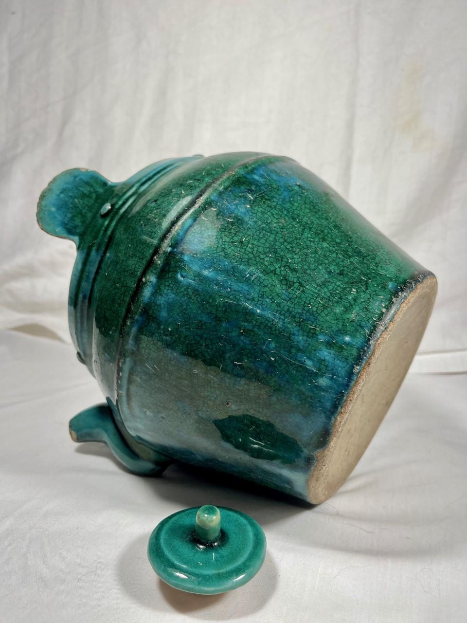 Antique Chinese Green Blue Shiwan Pottery Teapot For Sale 3