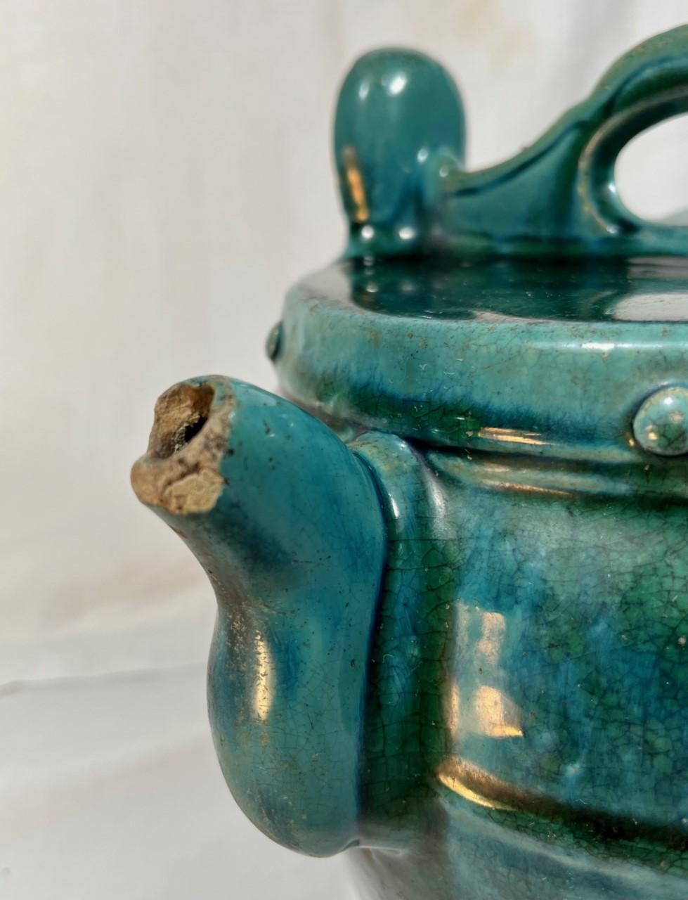 Qing Antique Chinese Green Blue Shiwan Pottery Teapot For Sale