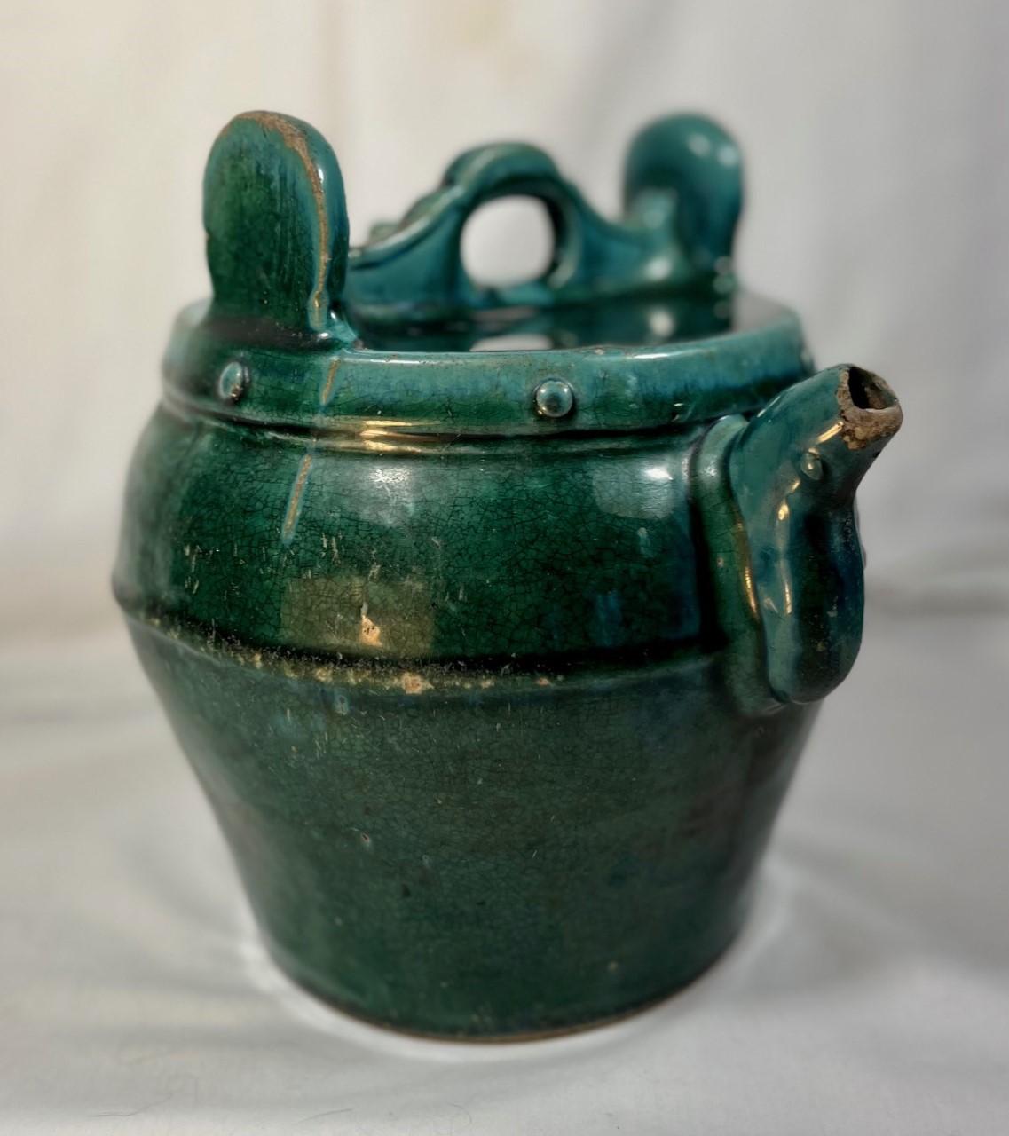 Glazed Antique Chinese Green Blue Shiwan Pottery Teapot For Sale