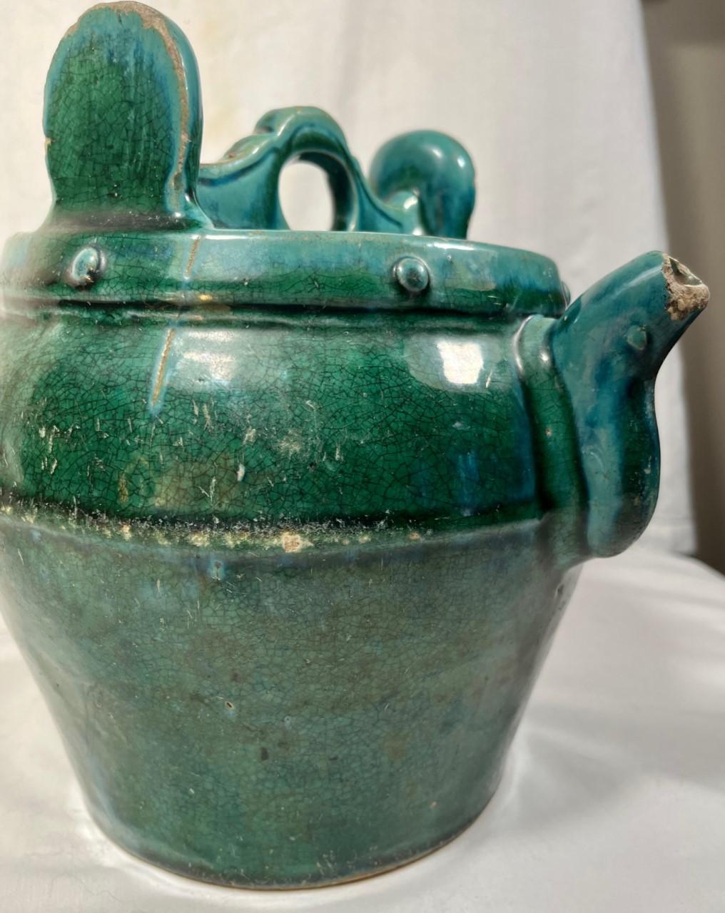 Antique Chinese Green Blue Shiwan Pottery Teapot In Good Condition For Sale In Vero Beach, FL
