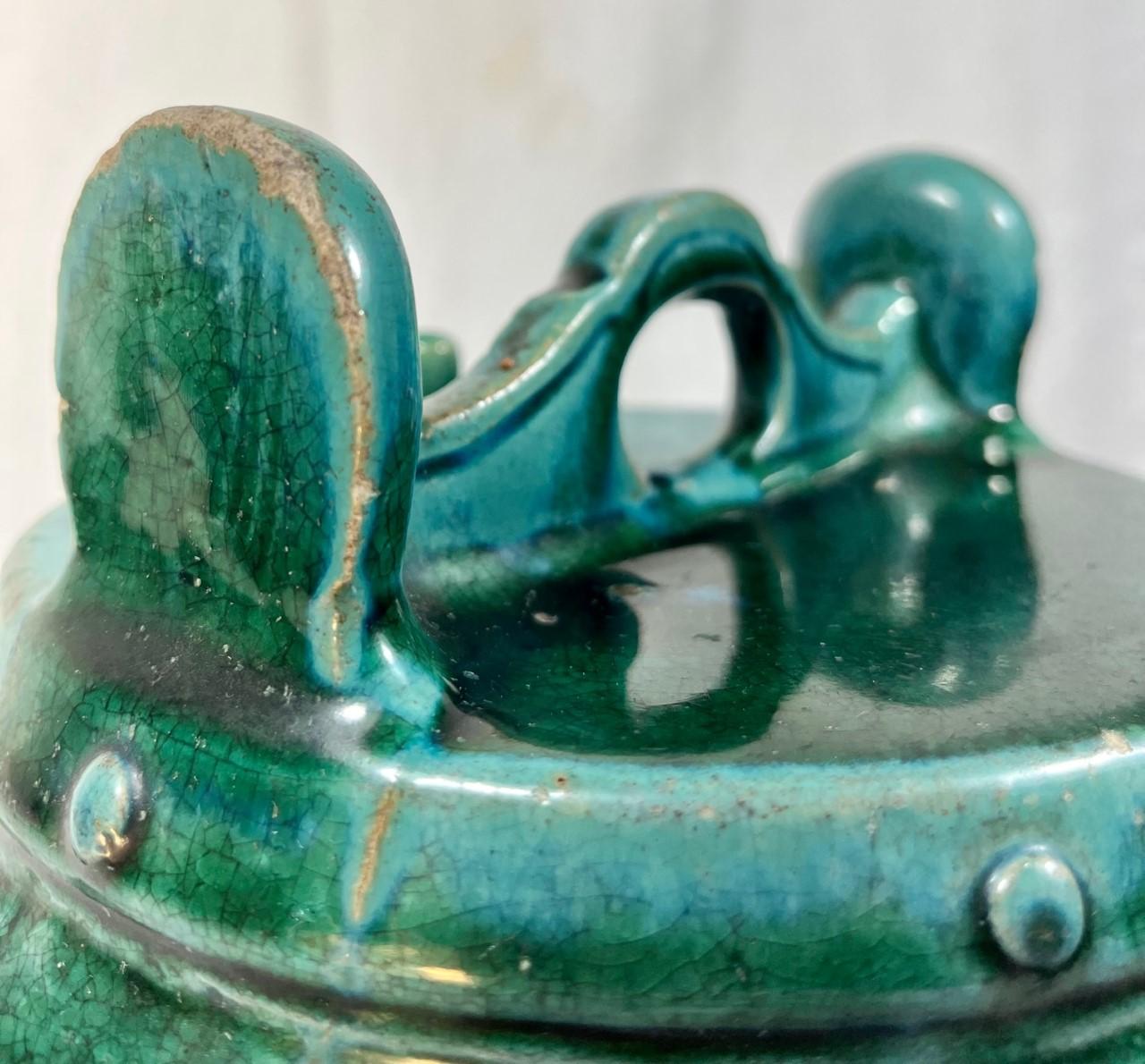 19th Century Antique Chinese Green Blue Shiwan Pottery Teapot For Sale