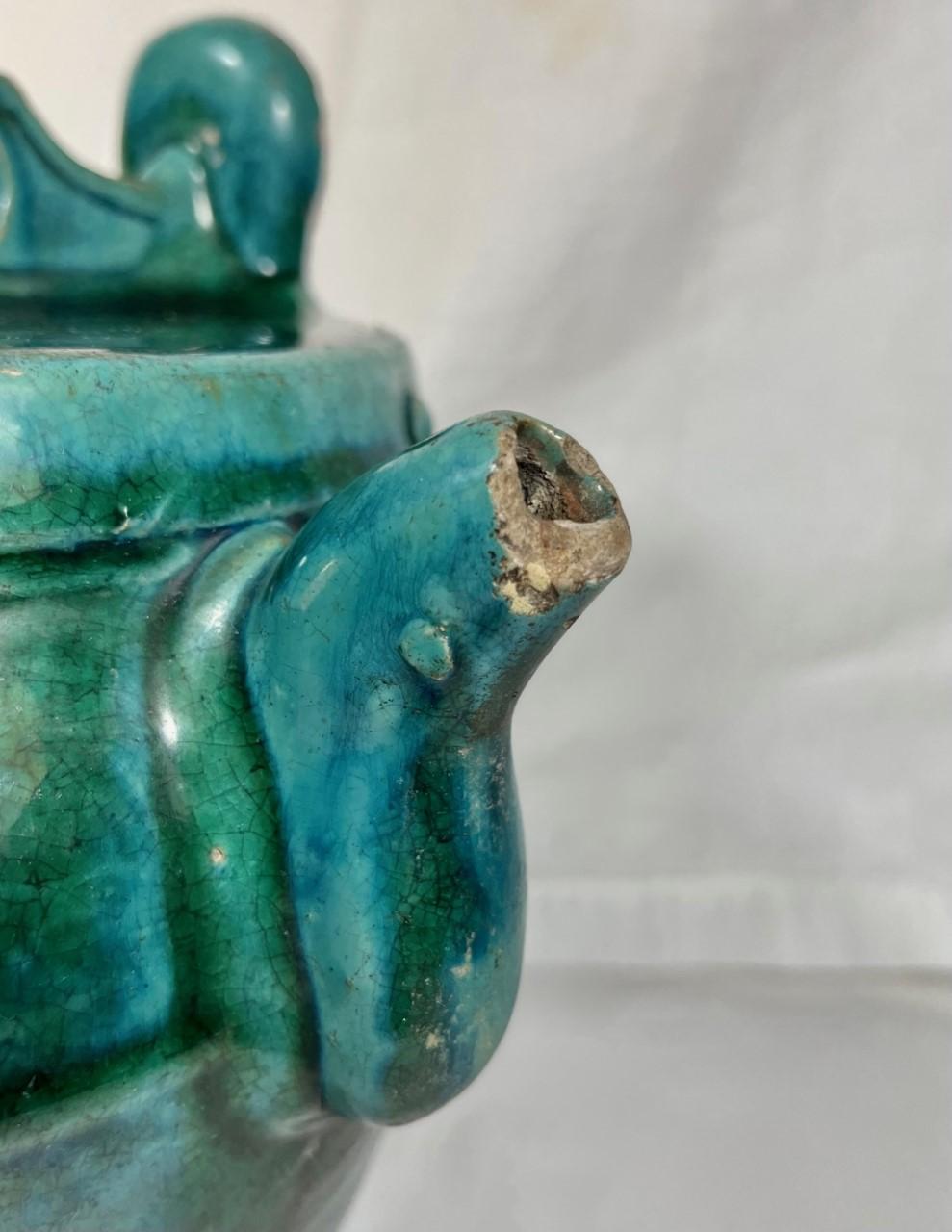 Antique Chinese Green Blue Shiwan Pottery Teapot For Sale 1