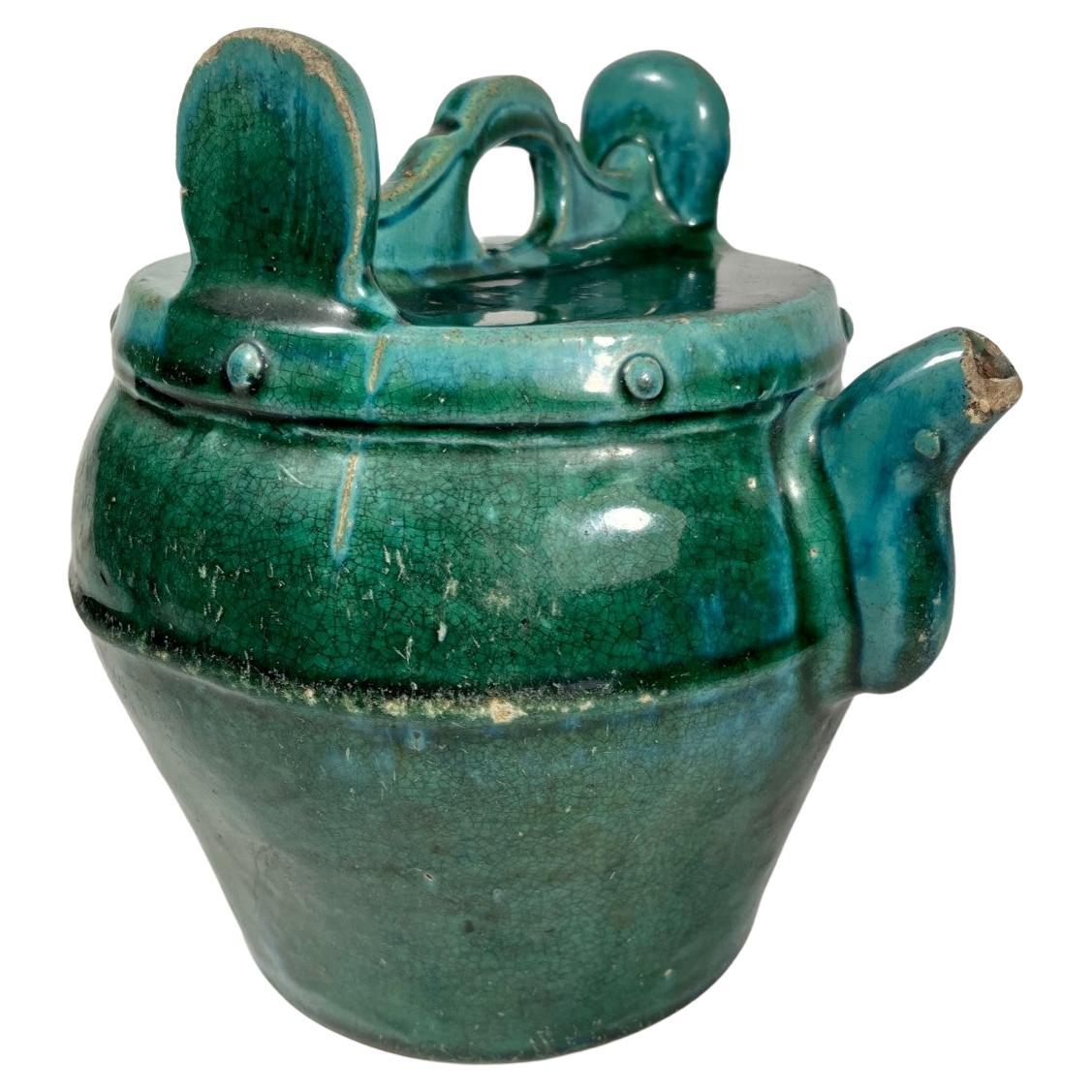 Théière chinoise ancienne en poterie Shiwan verte et bleue