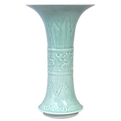 Antique Chinese Qing Green Celadon Relief Decorated Gu Shape Porcelain Vase 1850