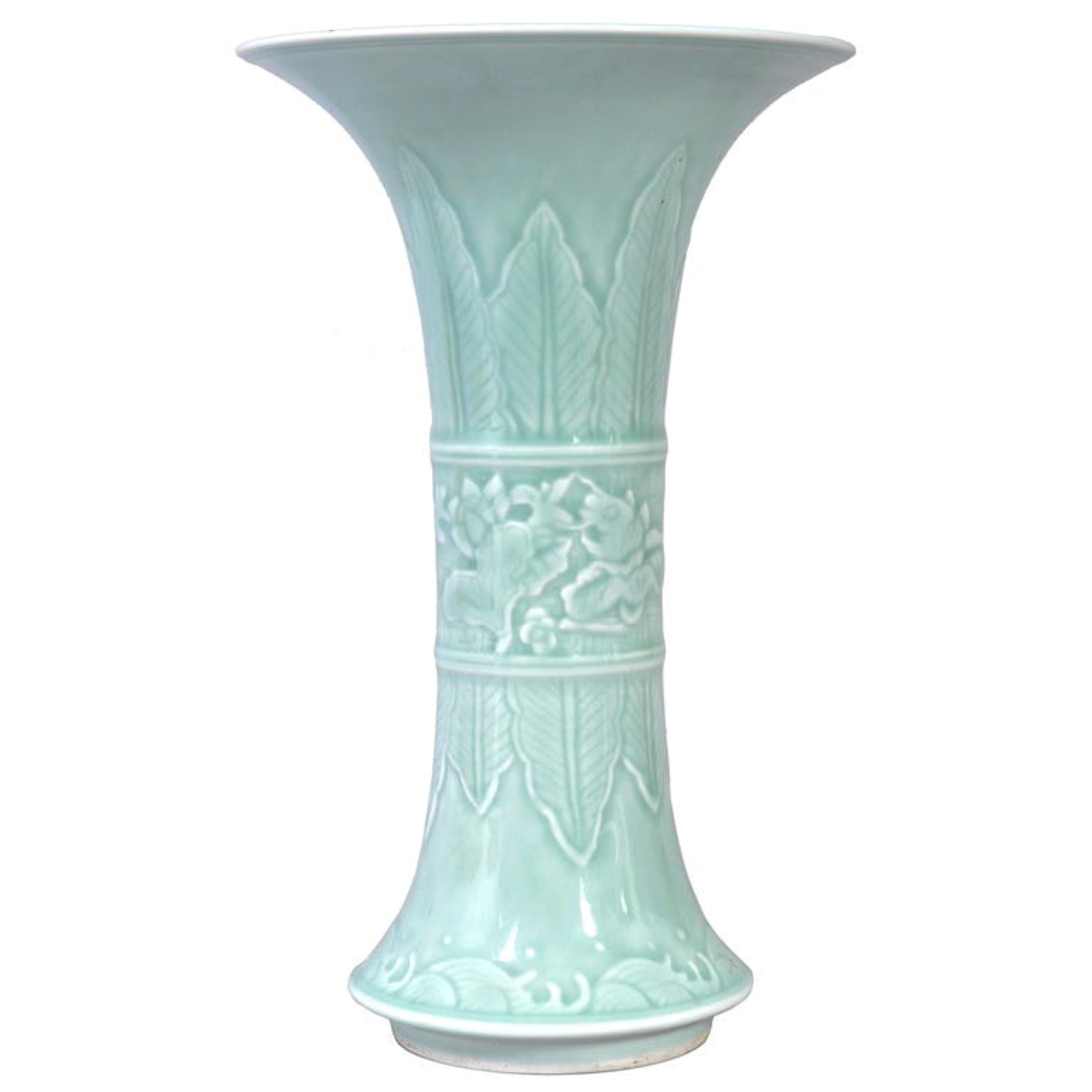Glazed Antique Chinese Qing Green Celadon Relief Decorated Gu Shape Porcelain Vase 1850 For Sale