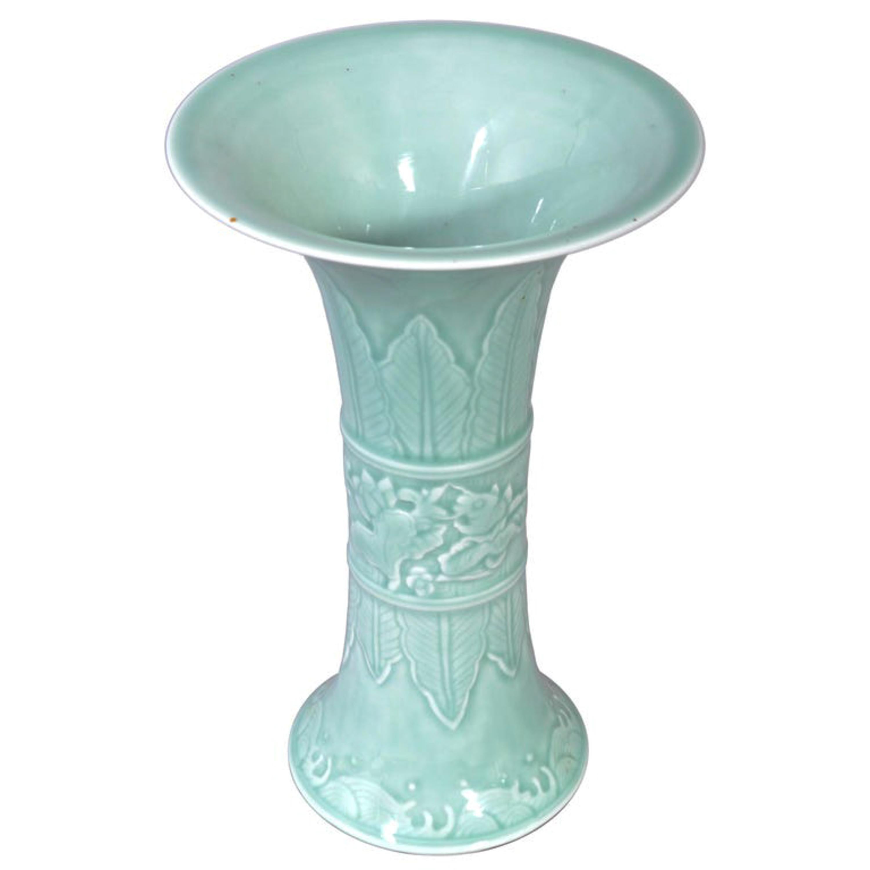Antique Chinese Qing Green Celadon Relief Decorated Gu Shape Porcelain Vase 1850 In Good Condition For Sale In Portland, OR
