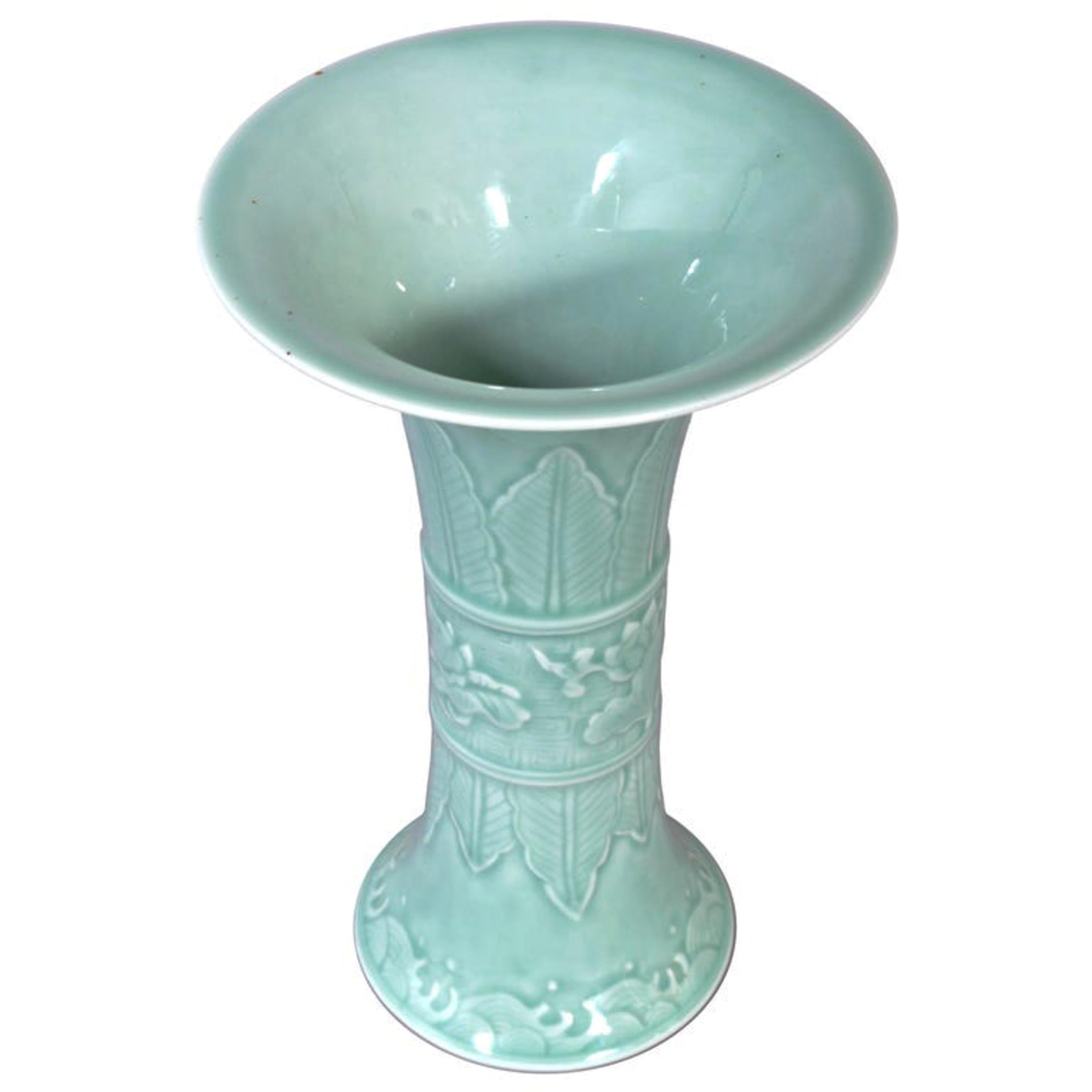 19th Century Antique Chinese Qing Green Celadon Relief Decorated Gu Shape Porcelain Vase 1850 For Sale