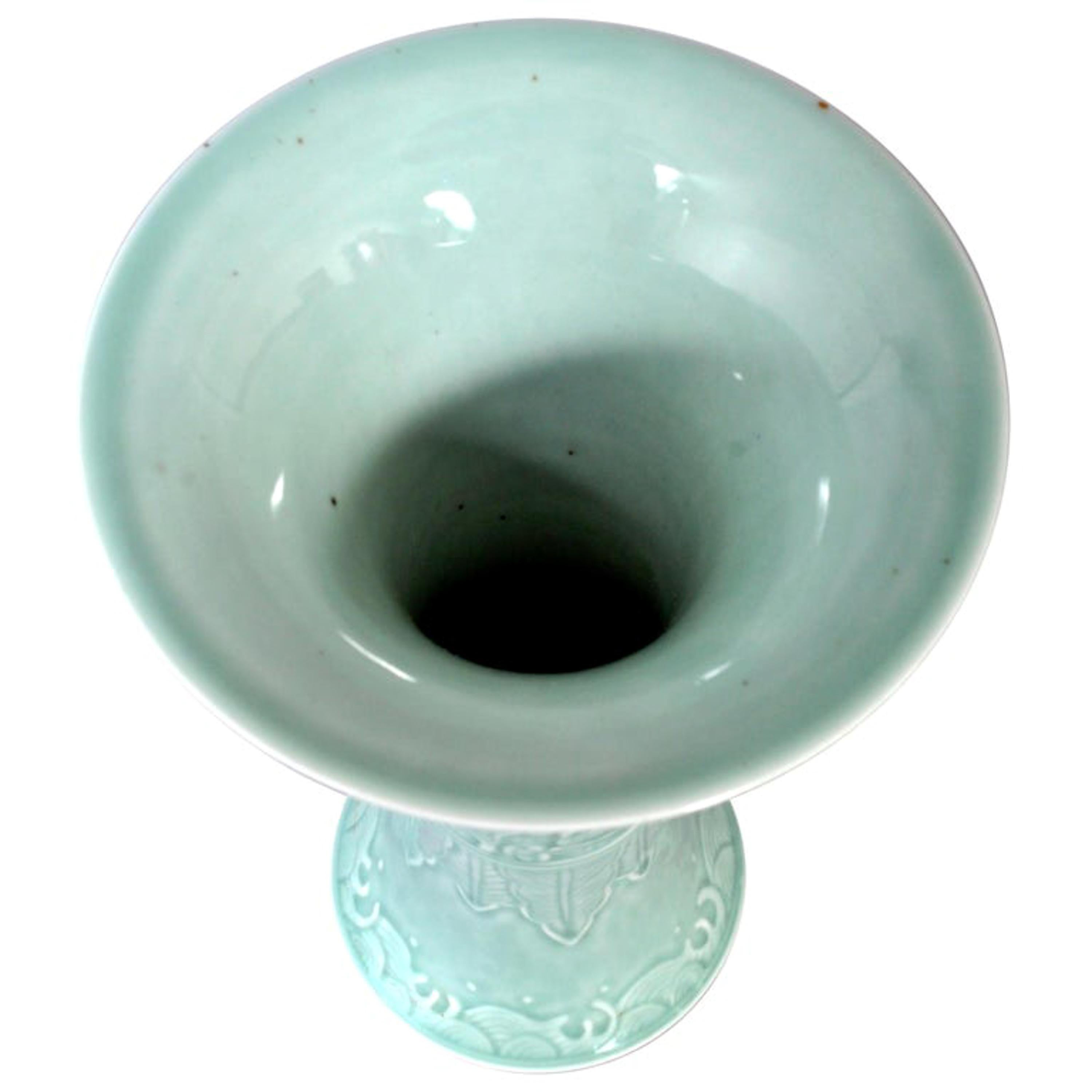 Antique Chinese Qing Green Celadon Relief Decorated Gu Shape Porcelain Vase 1850 For Sale 1