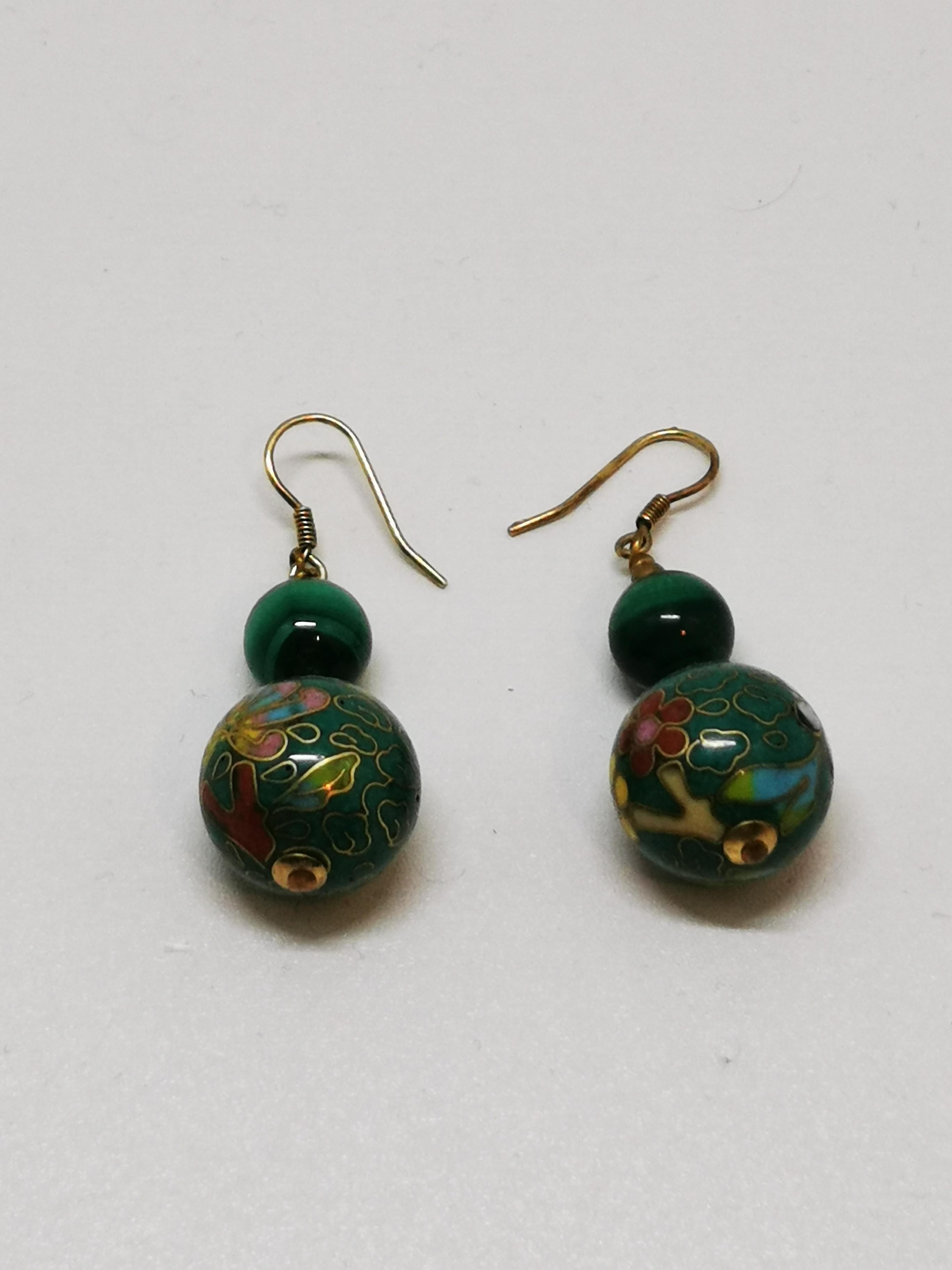 Women's Antique Chinese green cloisonné drop beads earrings For Sale