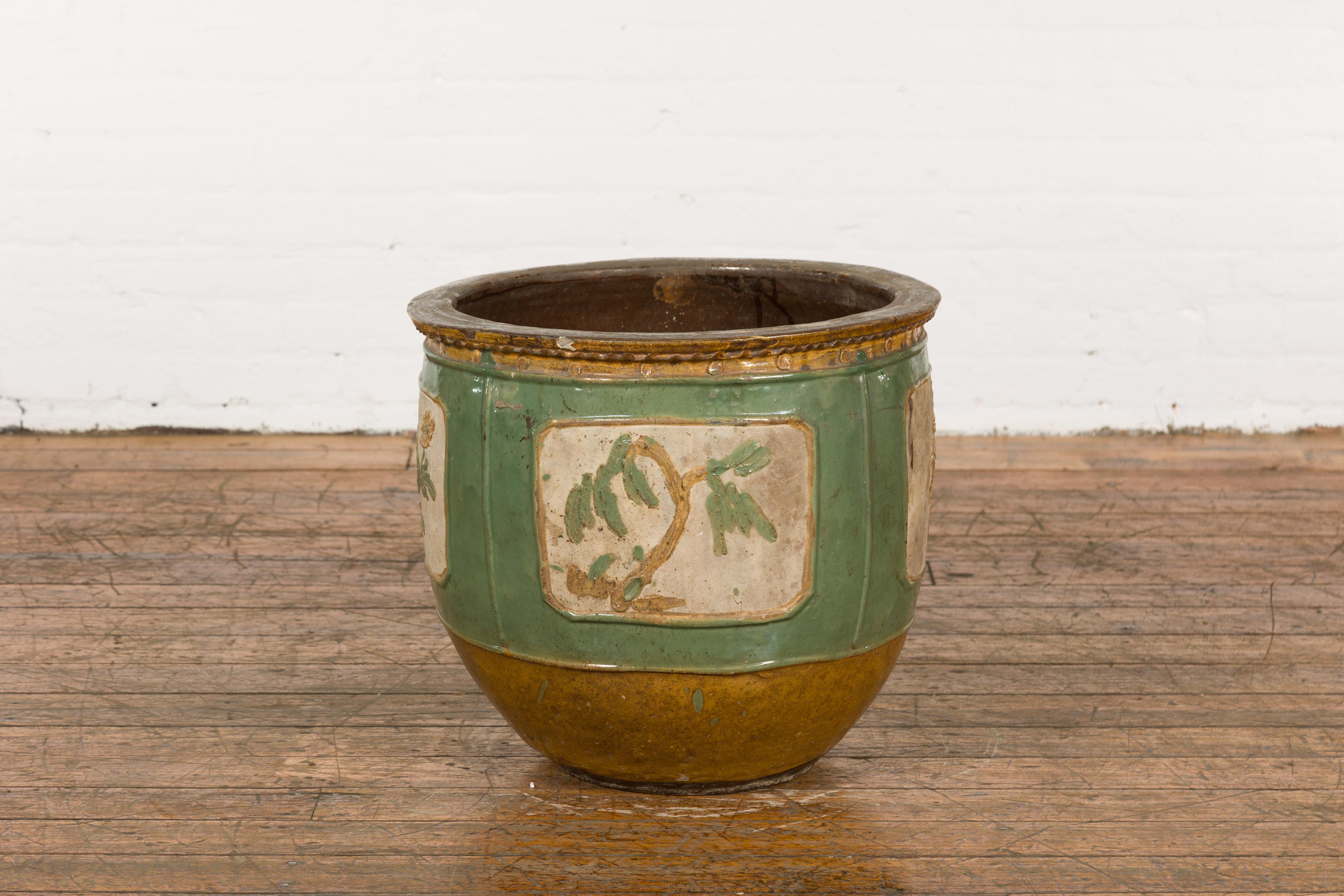 19th Century Antique Chinese Green Glazed Ceramic Planter with Cartouche and Flowers