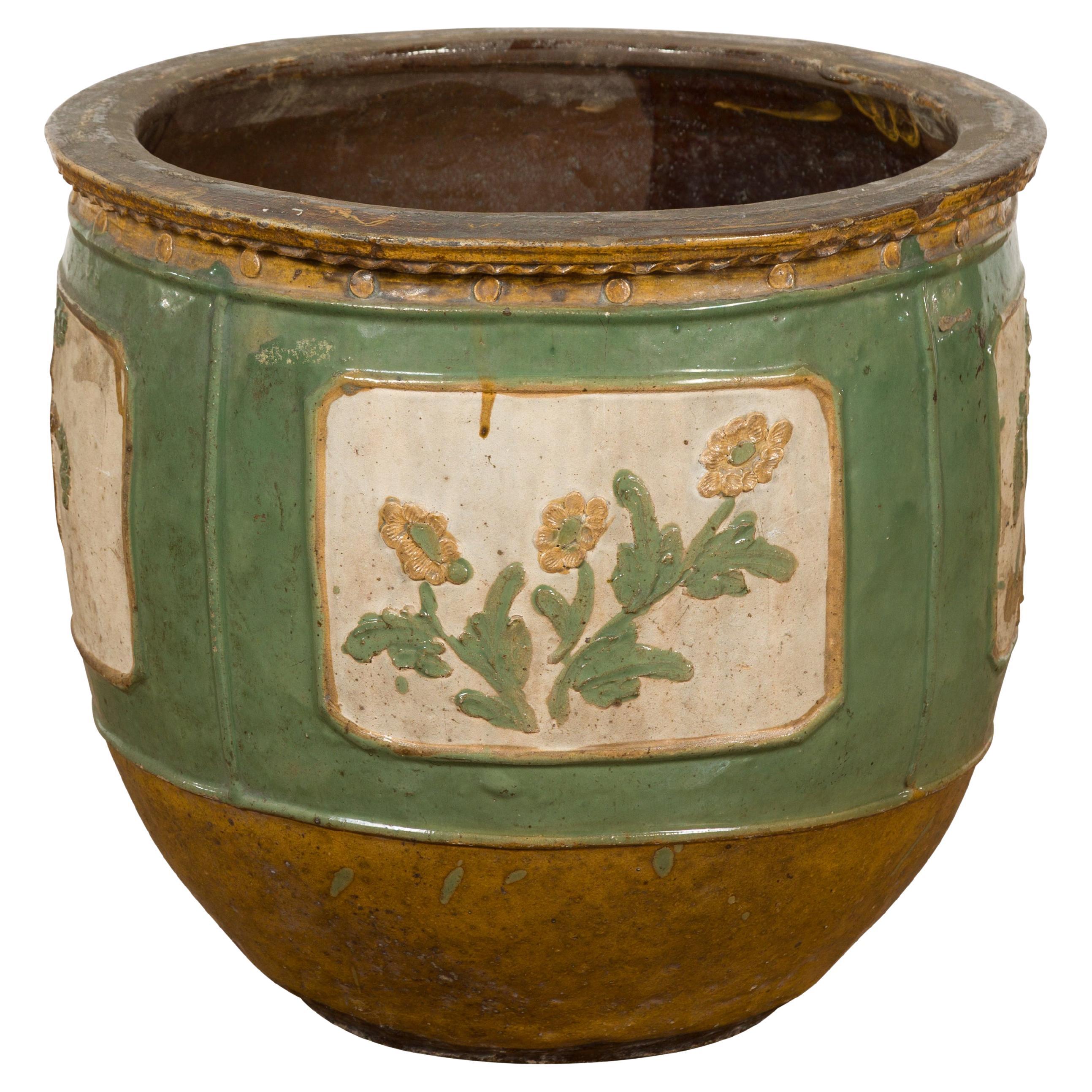 Antique Chinese Green Glazed Ceramic Planter with Cartouche and Flowers