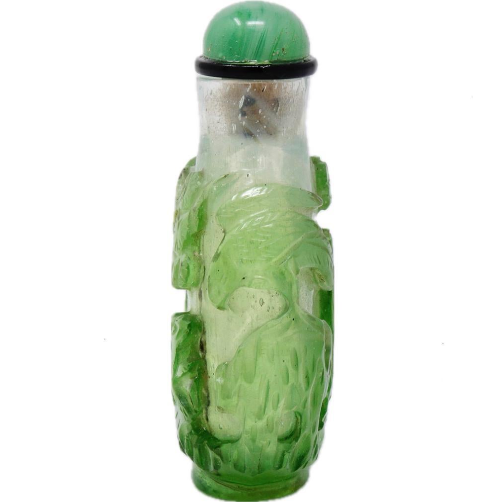 Carved Antique Chinese Green-on-Green Overlay Glass Snuff Bottle For Sale