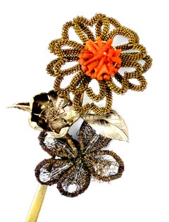 Antique Chinese Hairpin Flowers Butterfly Silver Brass Metal Wire Glass