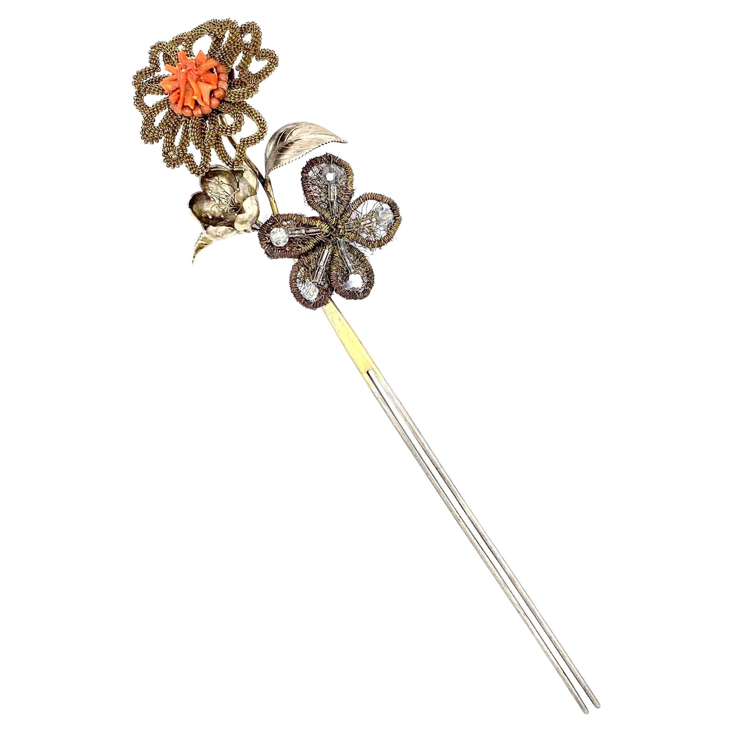 Antike chinesische Haarnadelblumen, Schmetterling, Silber, Messing, Metalldraht, Glas im Angebot