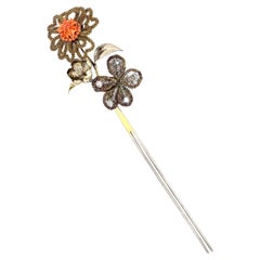 Antike chinesische Haarnadelblumen, Schmetterling, Silber, Messing, Metalldraht, Glas