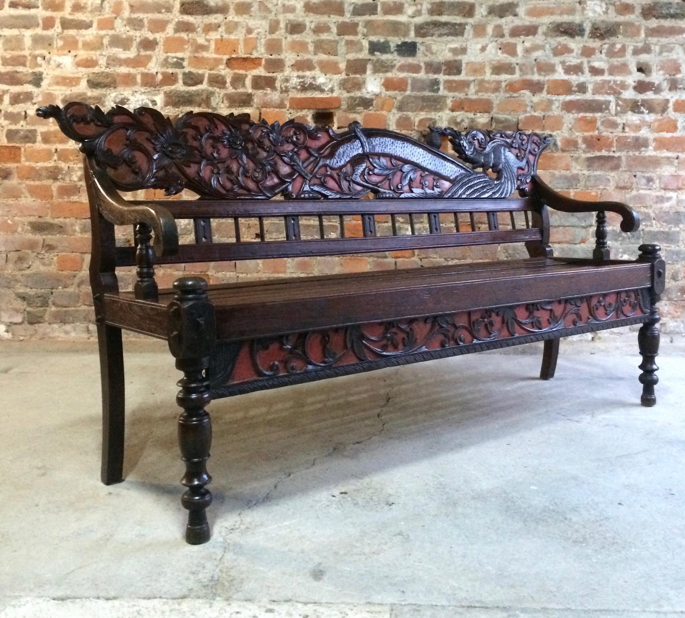 Antique Chinese Hall Seat Bench Heavily Carved Qing Dynasty 19th Century 1860 1