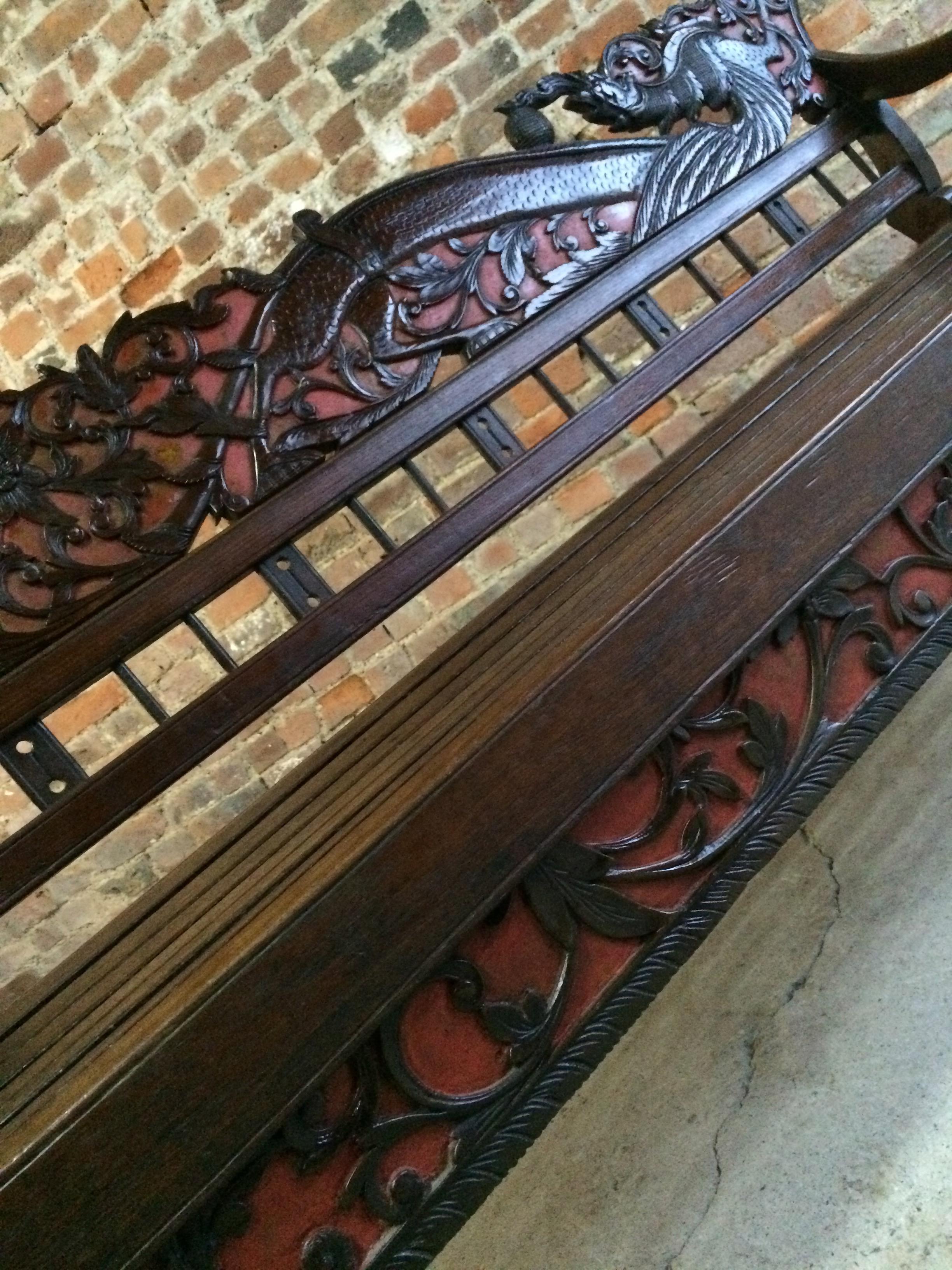 Antique Chinese Hall Seat Bench Heavily Carved Qing Dynasty 19th Century 1860 2