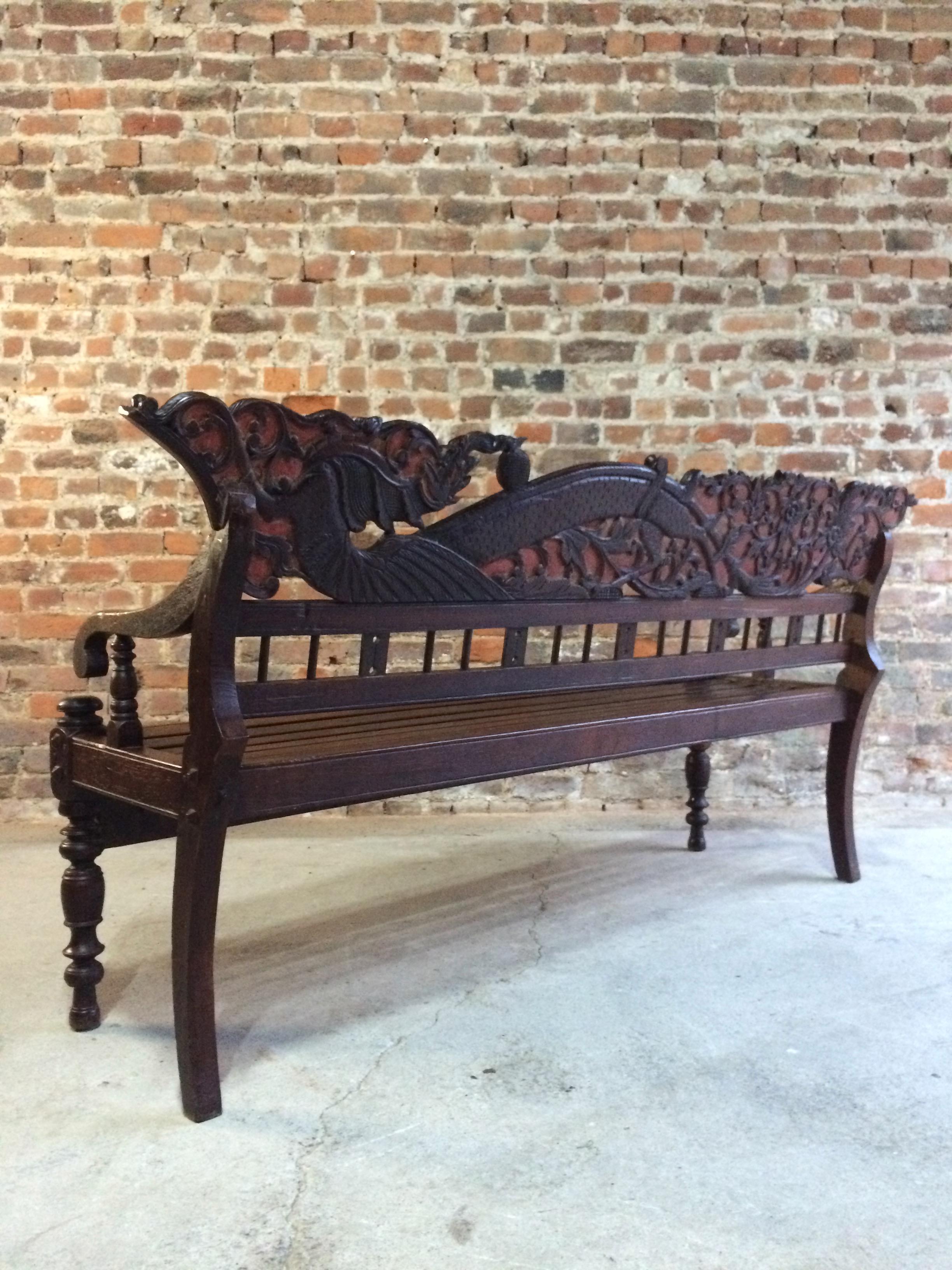 Antique Chinese Hall Seat Bench Heavily Carved Qing Dynasty 19th Century 1860 4