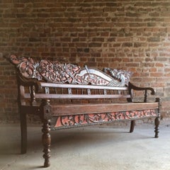 Antique Chinese Hall Seat Bench Heavily Carved Qing Dynasty 19th Century 1860