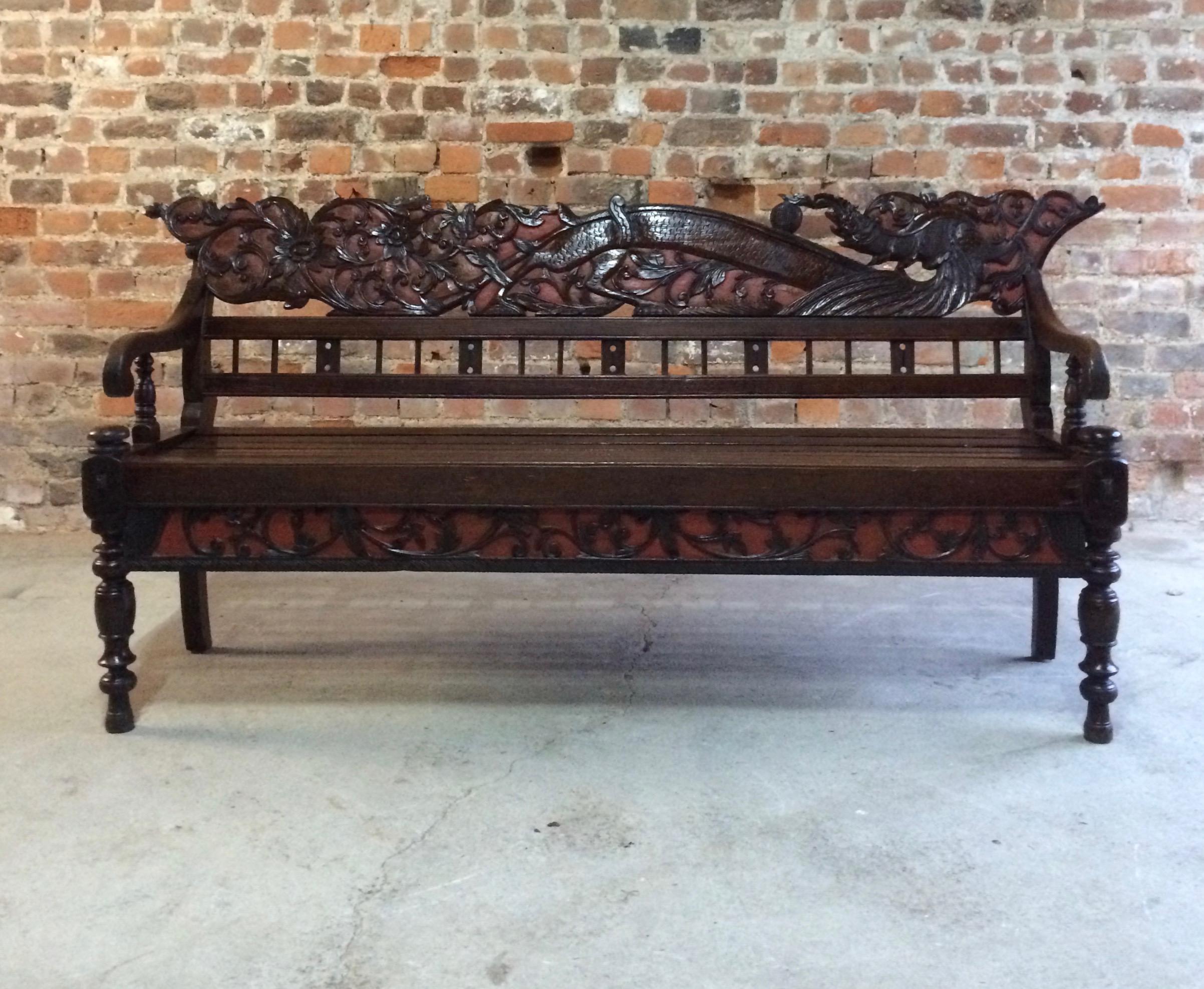 Hand-Carved Antique Chinese Hall Seat Bench Heavily Carved Qing Dynasty 19th Century 1860