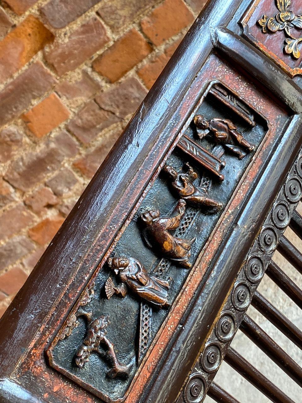 Antique Chinese Hall Seat Bench Heavily Carved Qing Dynasty, 19th Century, 1860 In Good Condition For Sale In Longdon, Tewkesbury