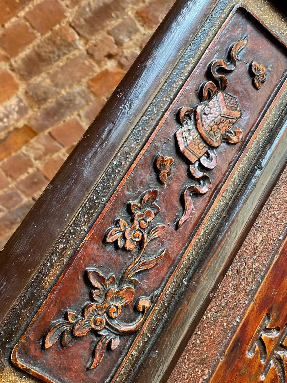 Mid-19th Century Antique Chinese Hall Seat Bench Heavily Carved Qing Dynasty, 19th Century, 1860 For Sale