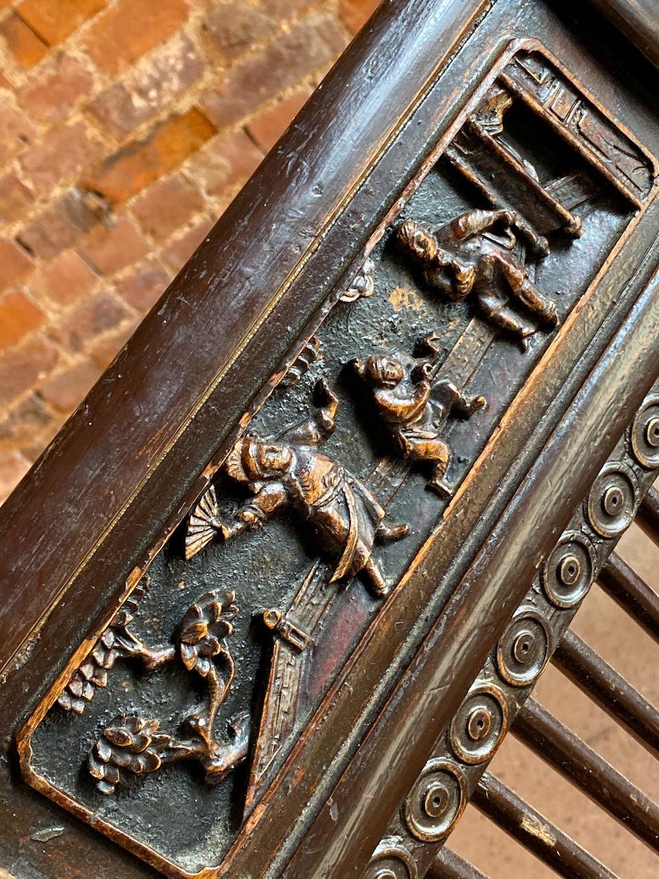 Elm Antique Chinese Hall Seat Bench Heavily Carved Qing Dynasty, 19th Century, 1860 For Sale