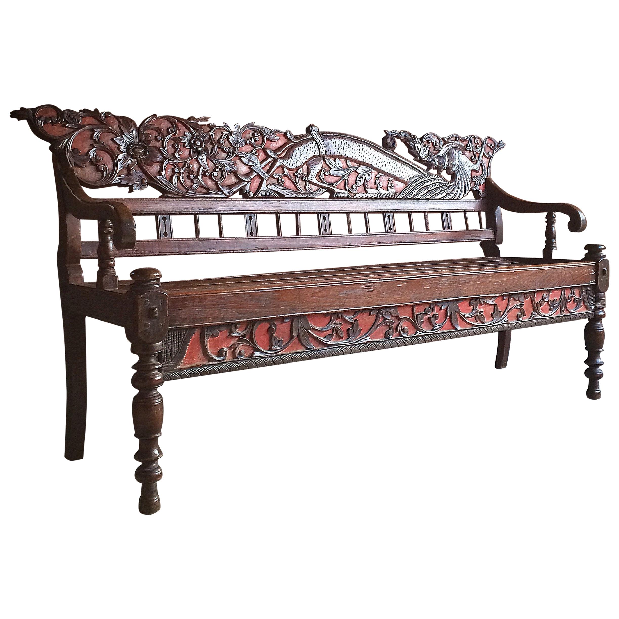 Antique Chinese Hall Seat Bench Heavily Carved Qing Dynasty 19th Century 1860