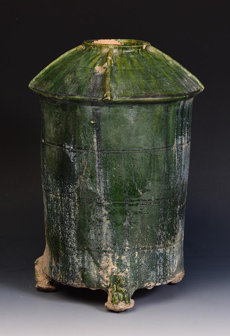 Antique Chinese Han Dynasty Green Glazed Pottery Granary Jar with Silver Patina For Sale 7
