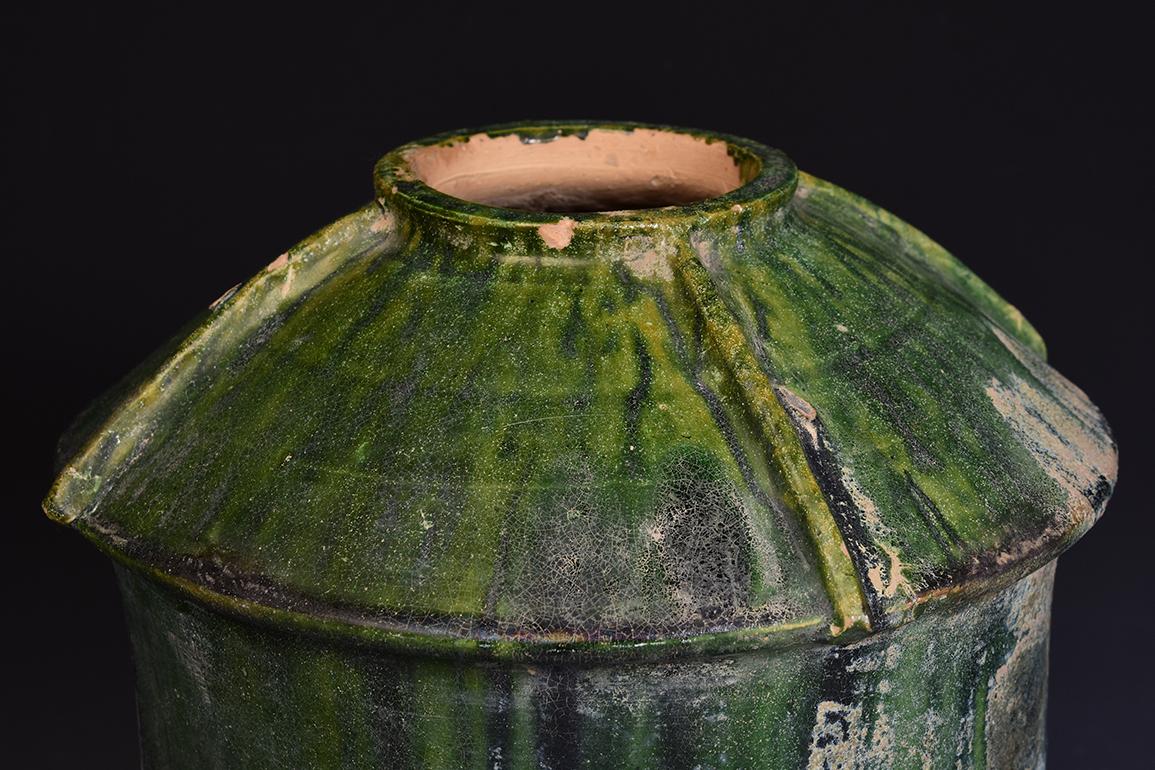 Hand-Carved Antique Chinese Han Dynasty Green Glazed Pottery Granary Jar with Silver Patina For Sale