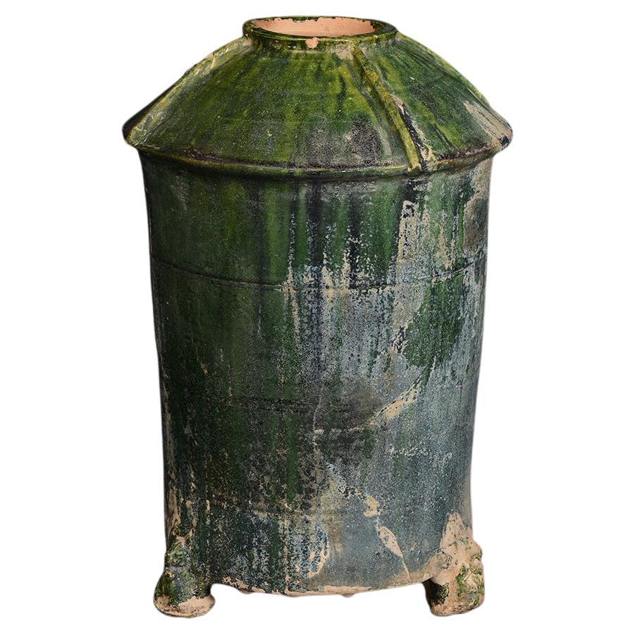 Antique Chinese Han Dynasty Green Glazed Pottery Granary Jar with Silver Patina For Sale