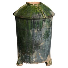 Antique Chinese Han Dynasty Green Glazed Pottery Granary Jar with Silver Patina