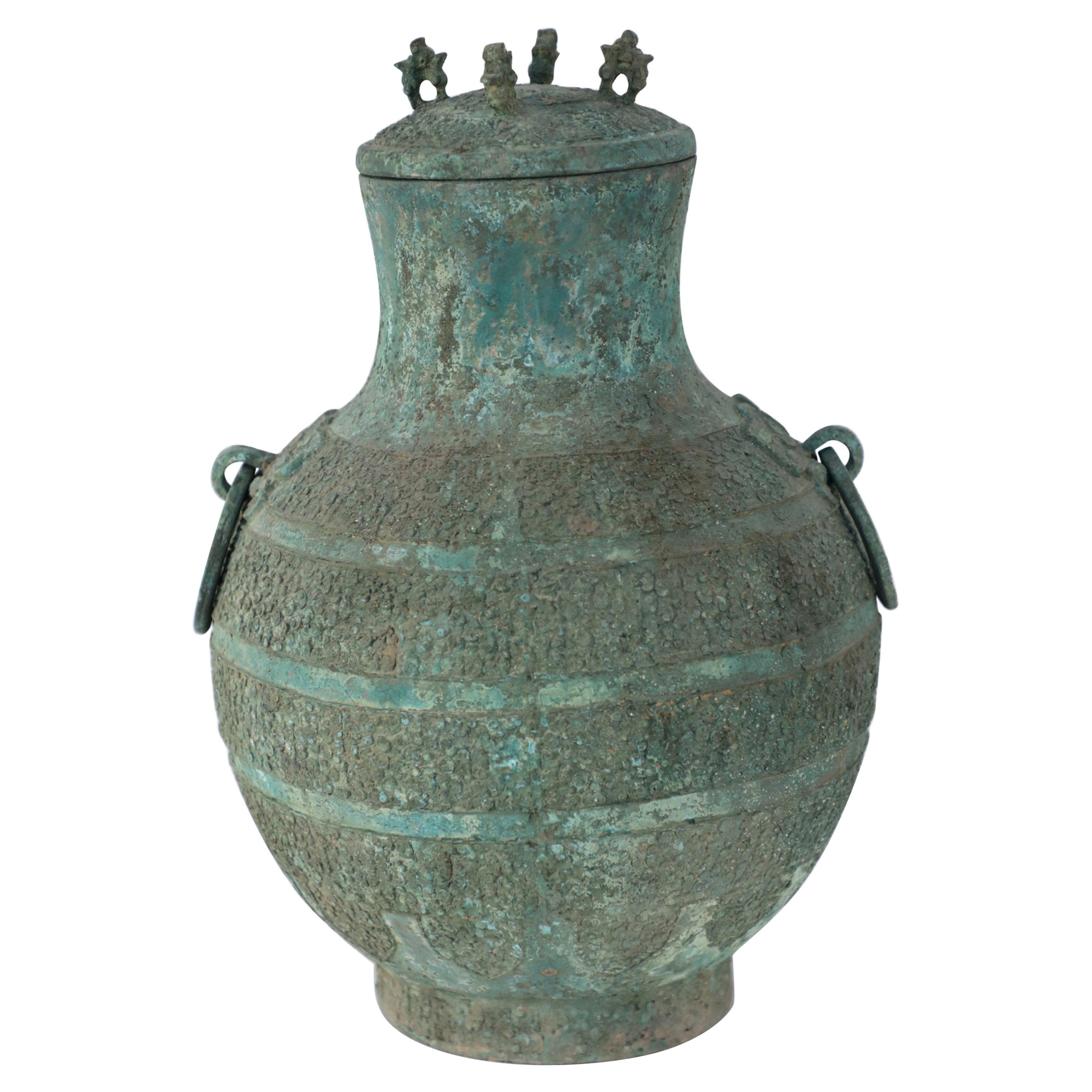 Antique Chinese Han Dynasty-Style Lidded Verdigis Bronze Ritual Wine Vessel