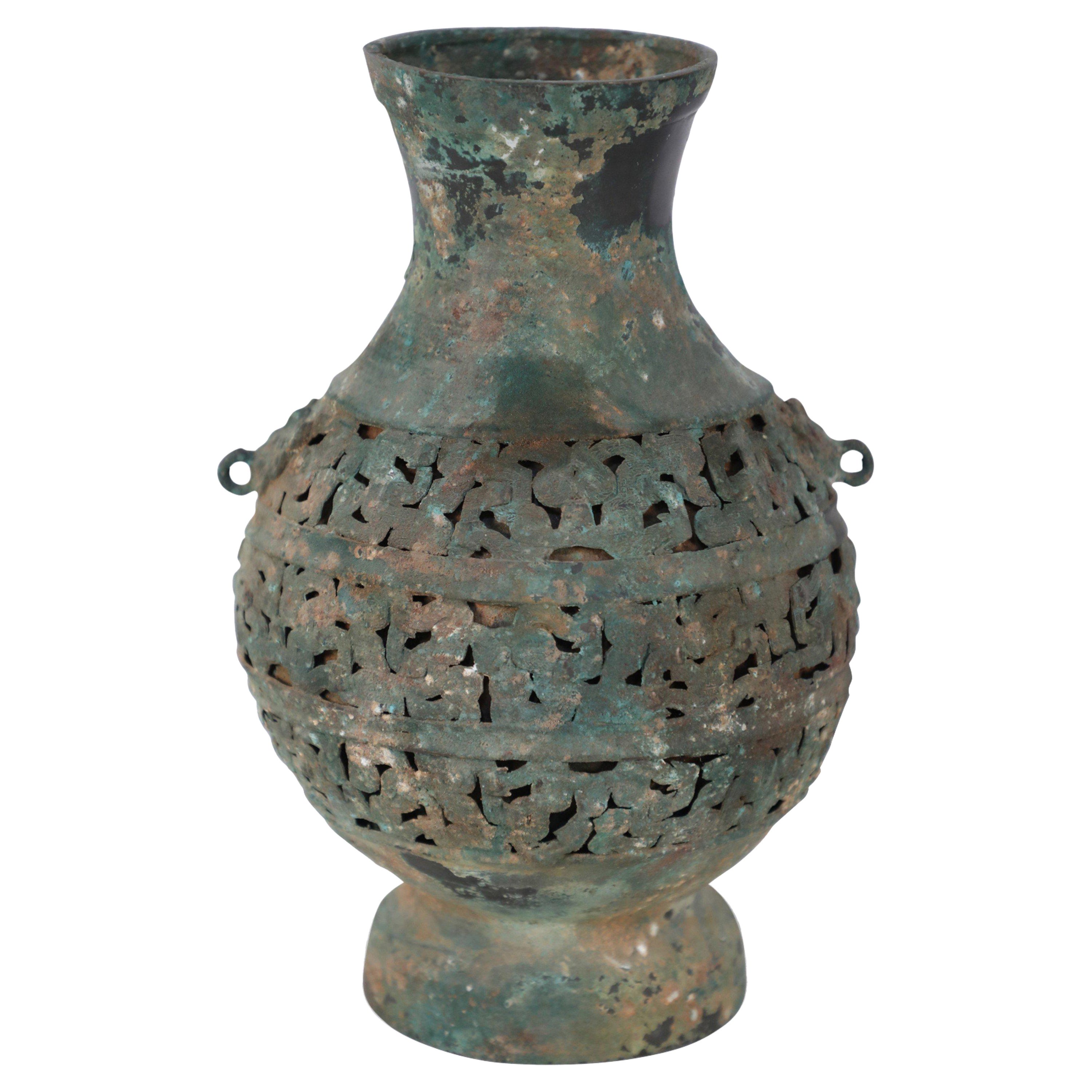 Antique Chinese Han Dynasty-Style Patinated Bronze Pierced Urn