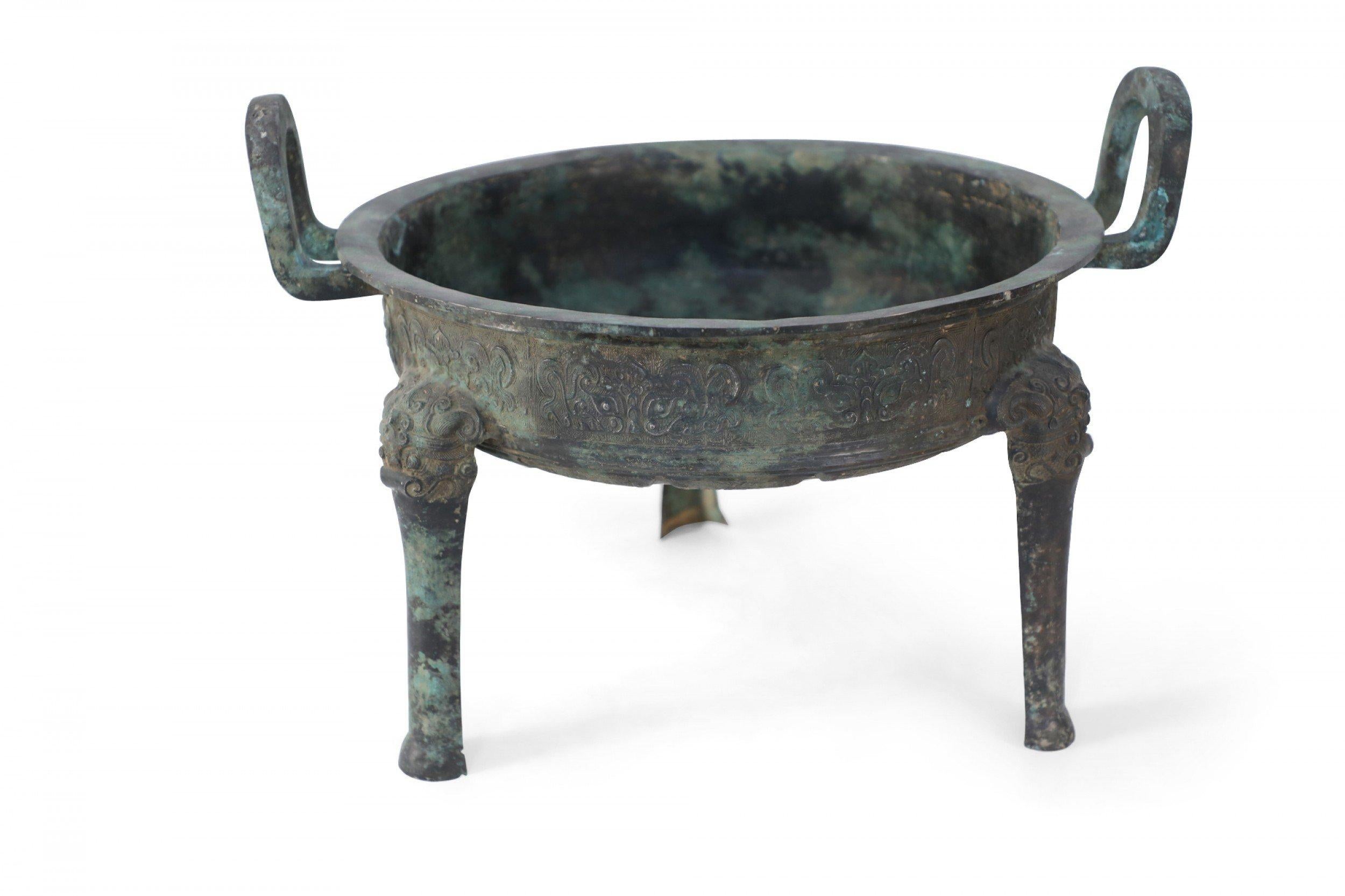 Etched Antique Chinese Han Dynasty-Style Patinated Bronze Pot