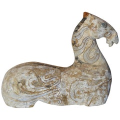 Antique Chinese Han or Tang Dynasty Hand-Painted Terracotta Horse Sculpture