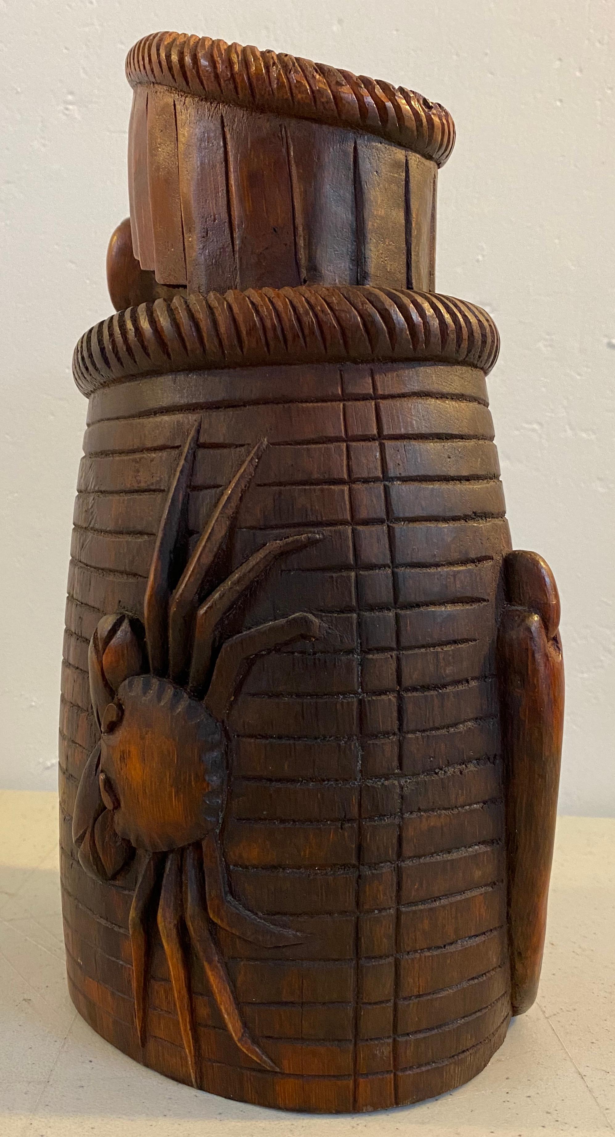 20th Century Antique Chinese Hand Carved Boxwood Prosperity Crab Basket or Brush Pot For Sale