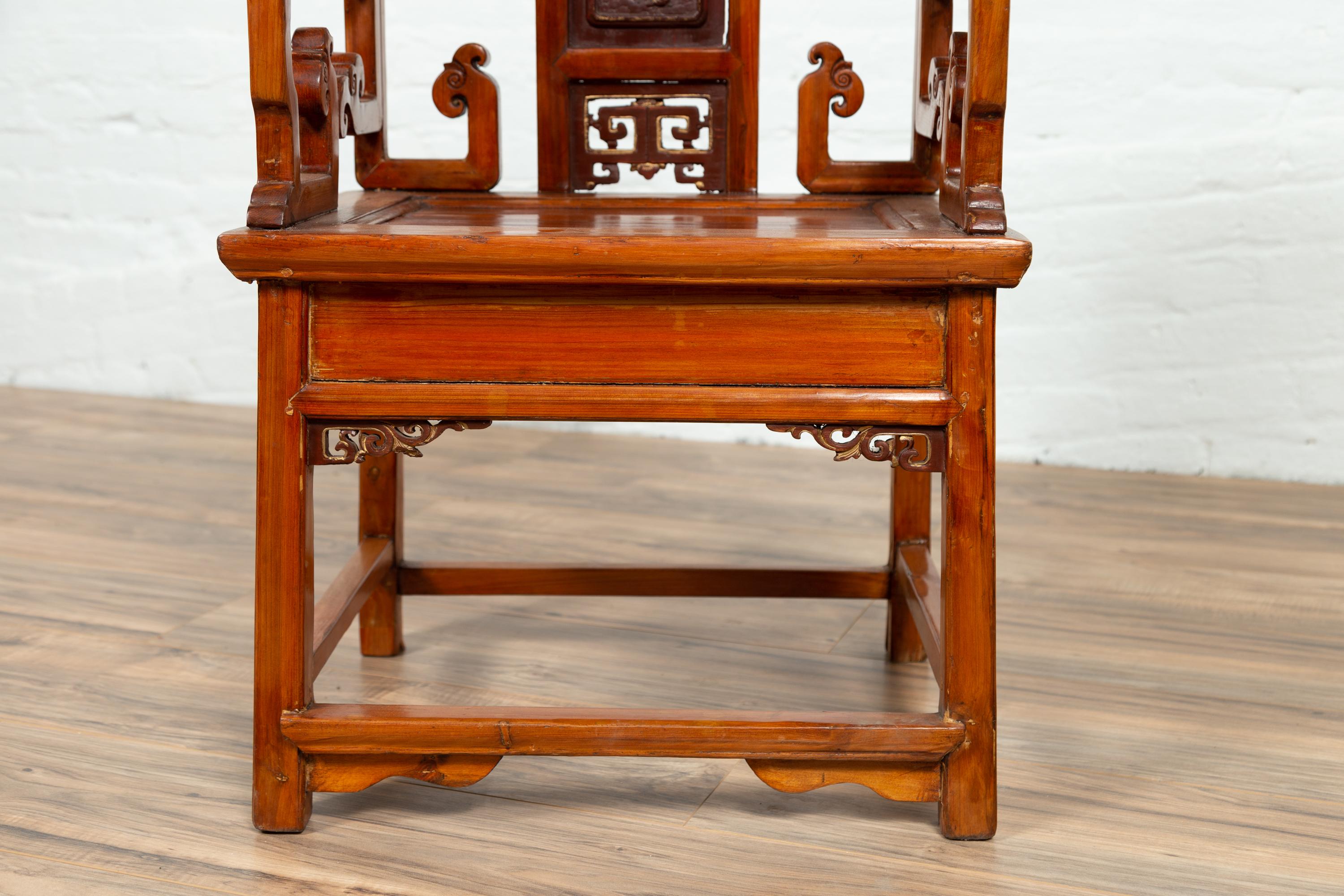 Antique Chinese Hand Carved Chair with Natural Wood Patina, Red and Gold Accents For Sale 5