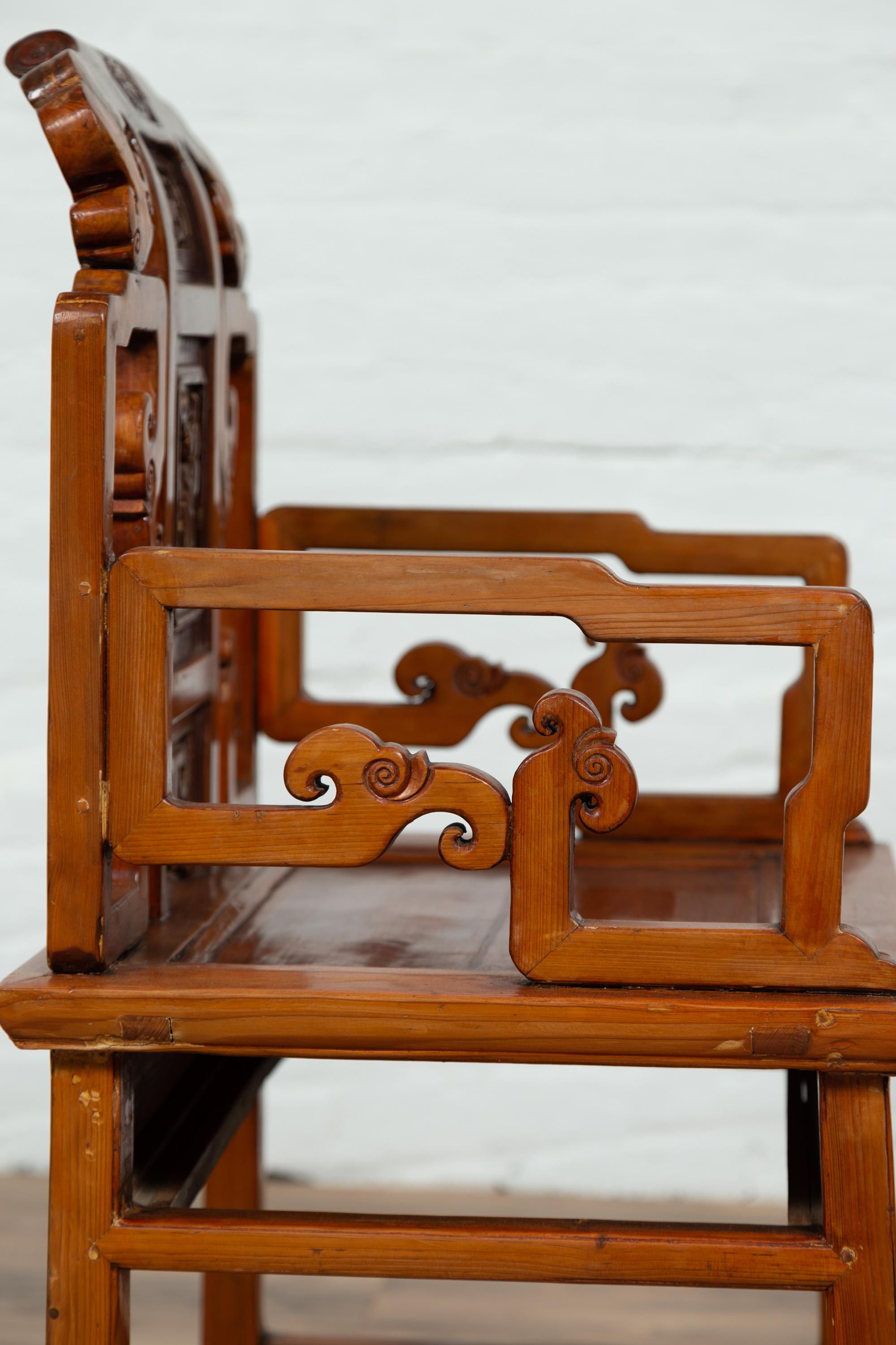 Antique Chinese Hand Carved Chair with Natural Wood Patina, Red and Gold Accents For Sale 6