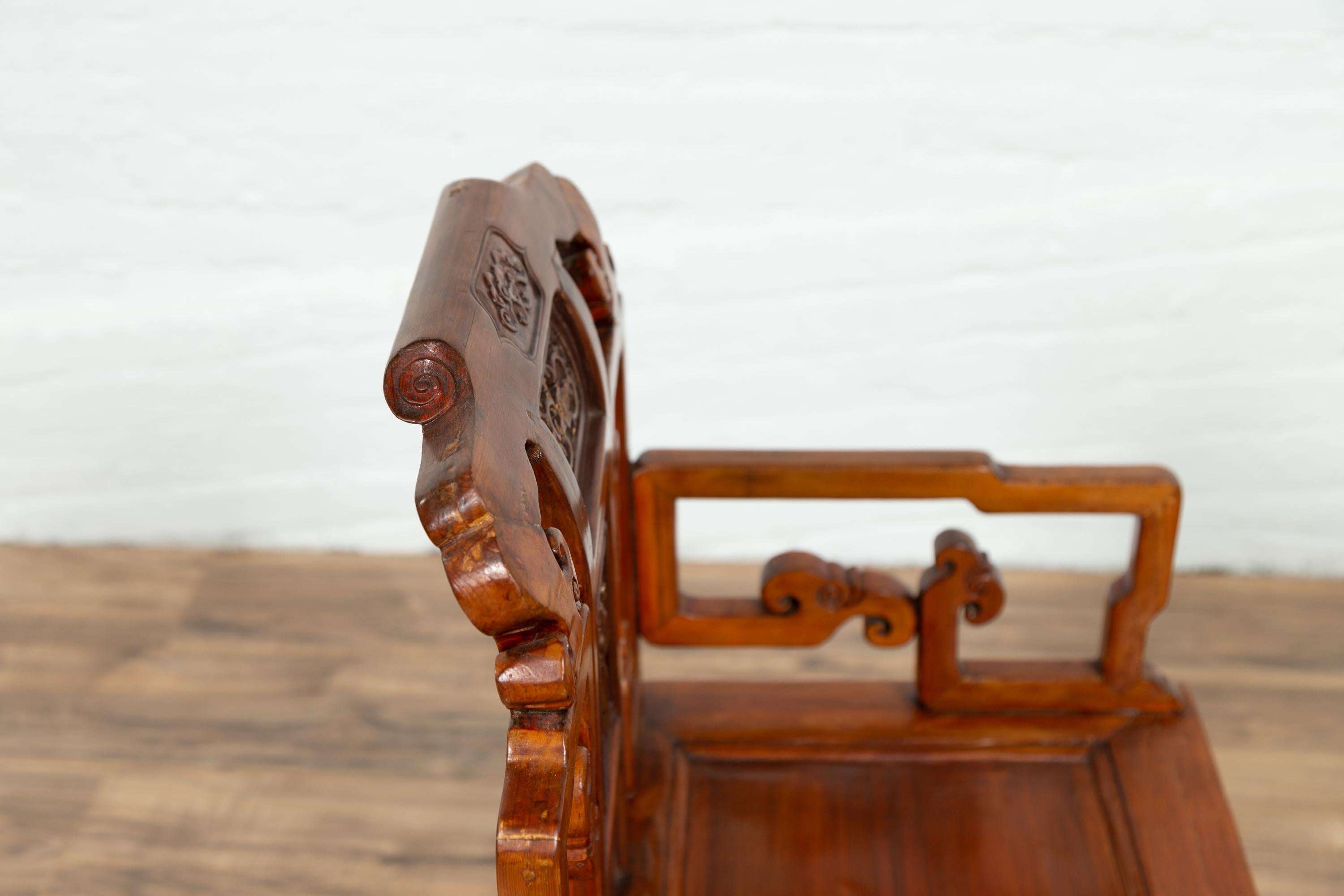 Antique Chinese Hand Carved Chair with Natural Wood Patina, Red and Gold Accents For Sale 9
