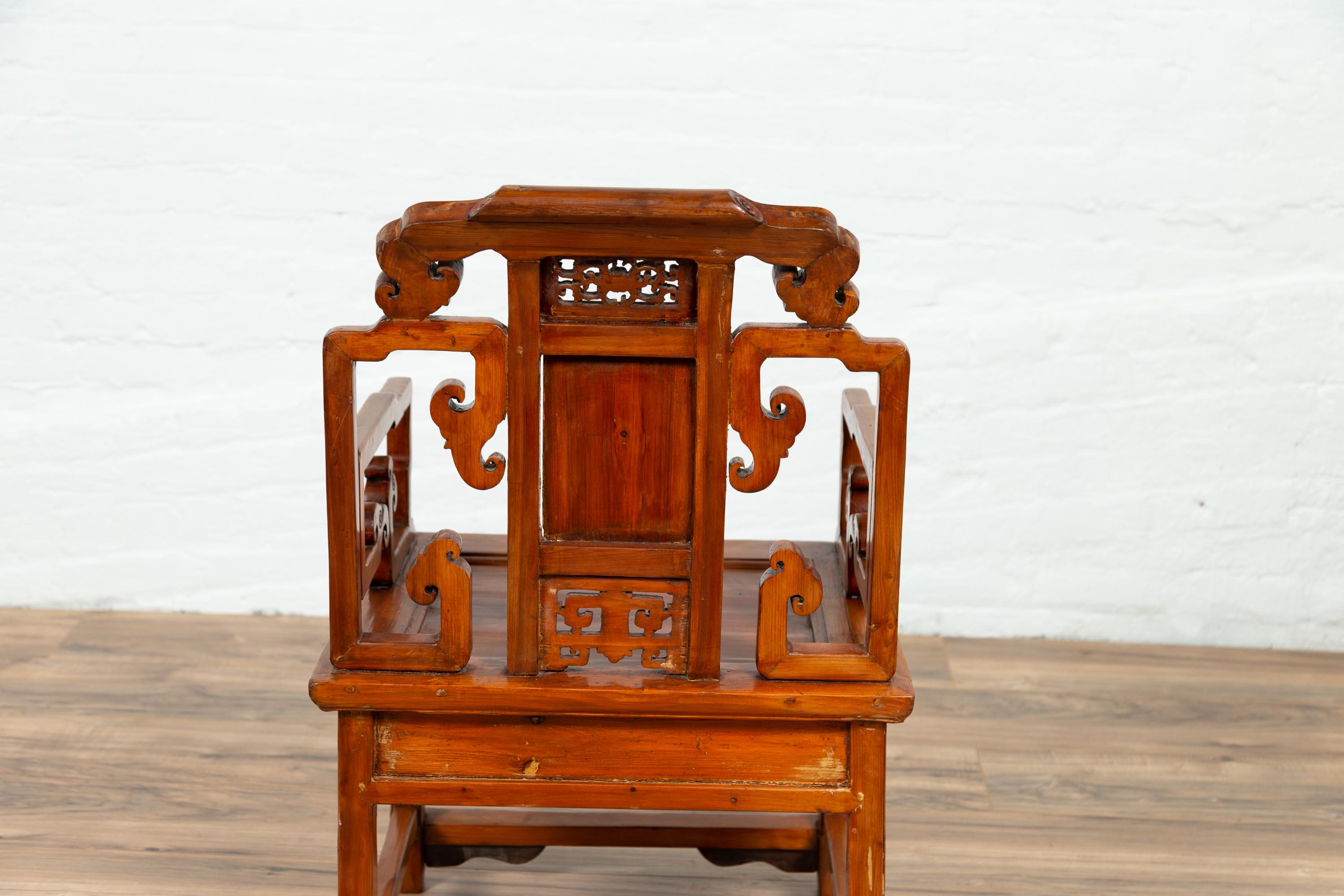 Antique Chinese Hand Carved Chair with Natural Wood Patina, Red and Gold Accents For Sale 10