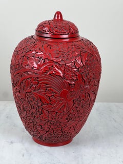 Antique Chinese Hand-Carved Cinnabar Lacquered Lidded Jar Probably Qianlong