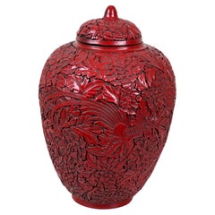 Antique Chinese Hand-Carved Cinnabar Lacquered Lidded Jar Probably Qianlong