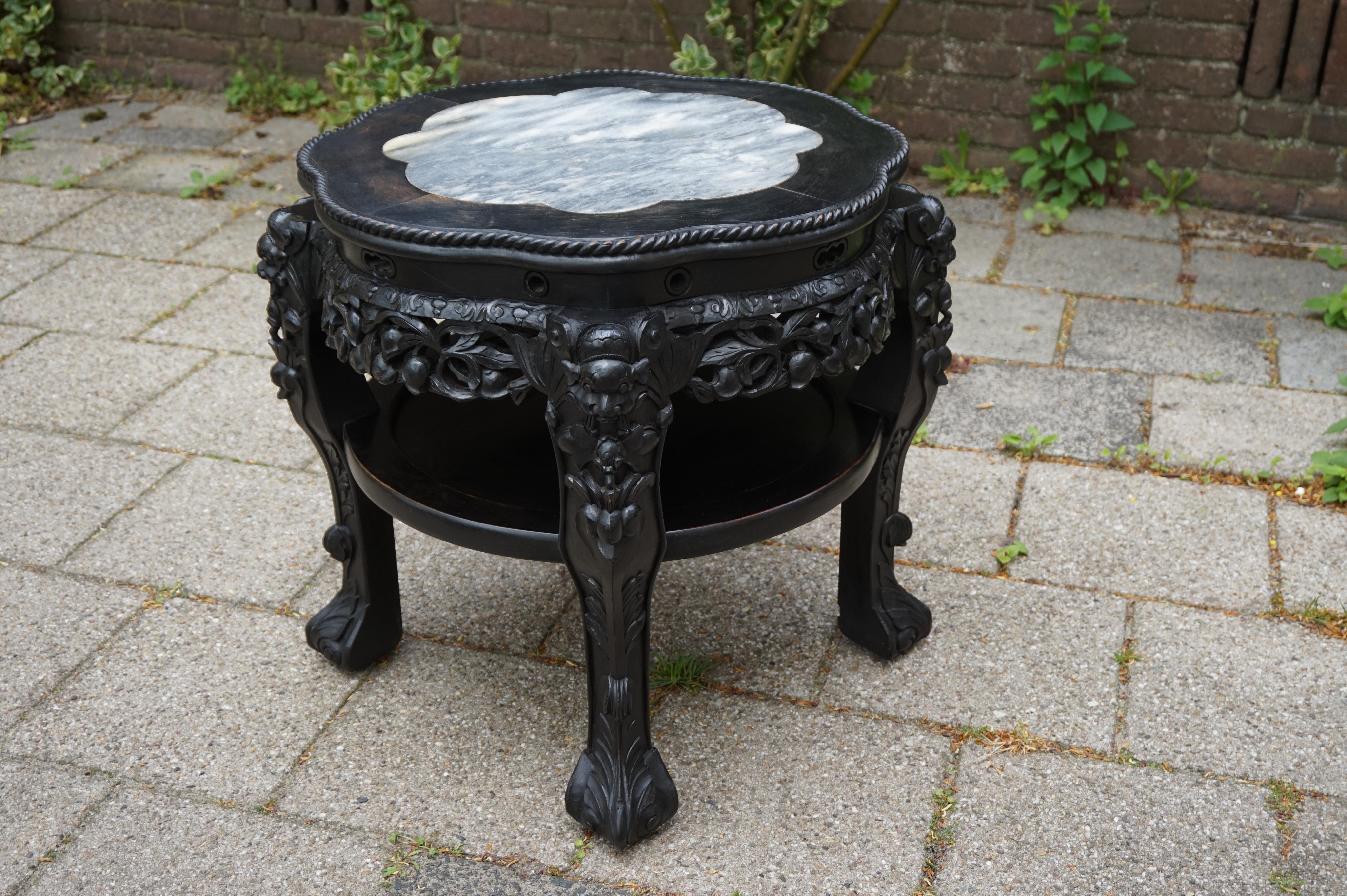 Antique Hand Carved & Ebonized Chinese Plant Stand / End Table with Marble Top For Sale 4